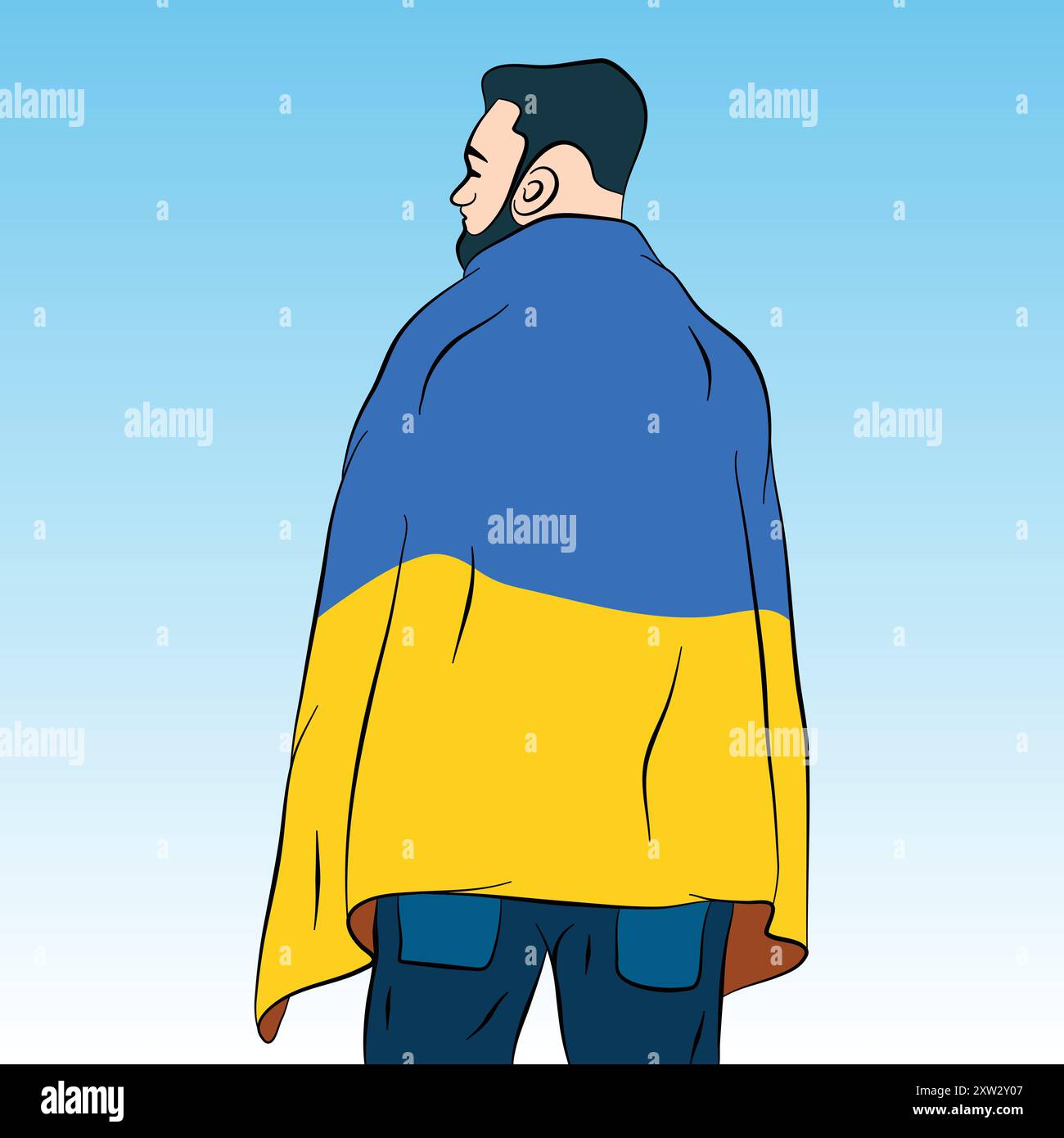 Man wearing Ukraine flag back view illustration, Stop War, Russia and Ukraine war conflict, Spread peace Stock Vector