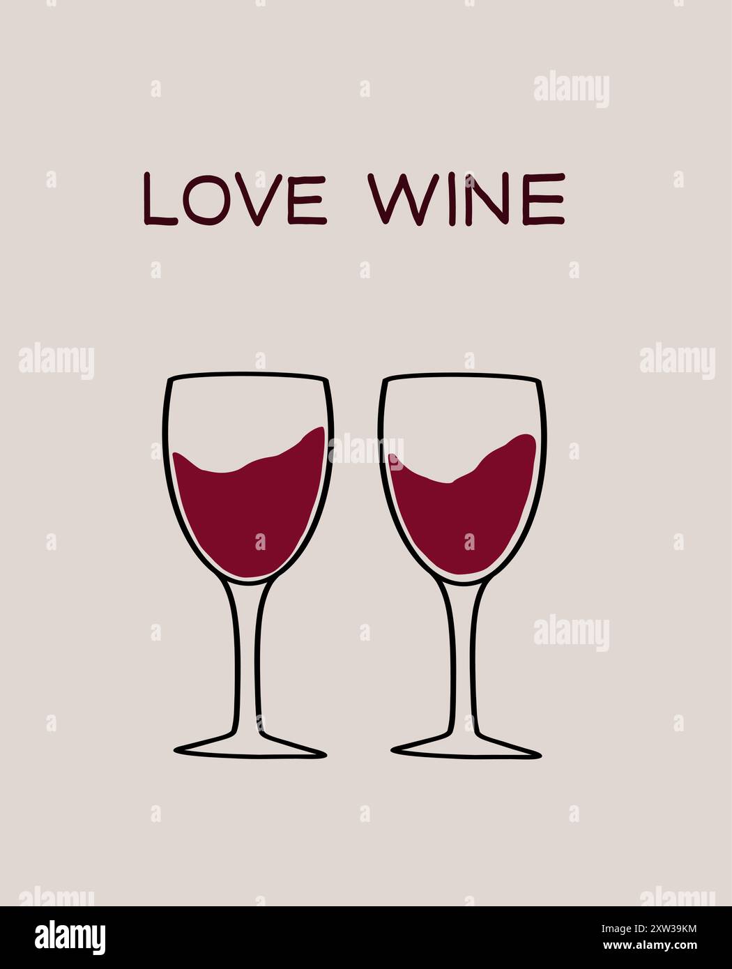 Two wine glasses filled with red wine symbolizing love and romance on a ...