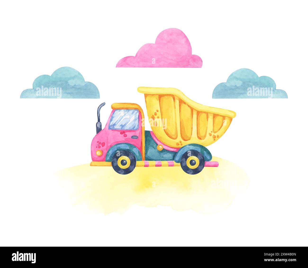 Yellow dump truck with a pink cab with blue and pink clouds in the background. Vehicle toy Watercolor clipart for use in children's room decor, educational posters, or toy packaging designs Stock Photo