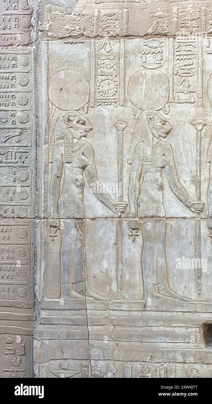 Wall relief of Lion Goddess Sekhmet in two forms at the Temple of Sobek ...