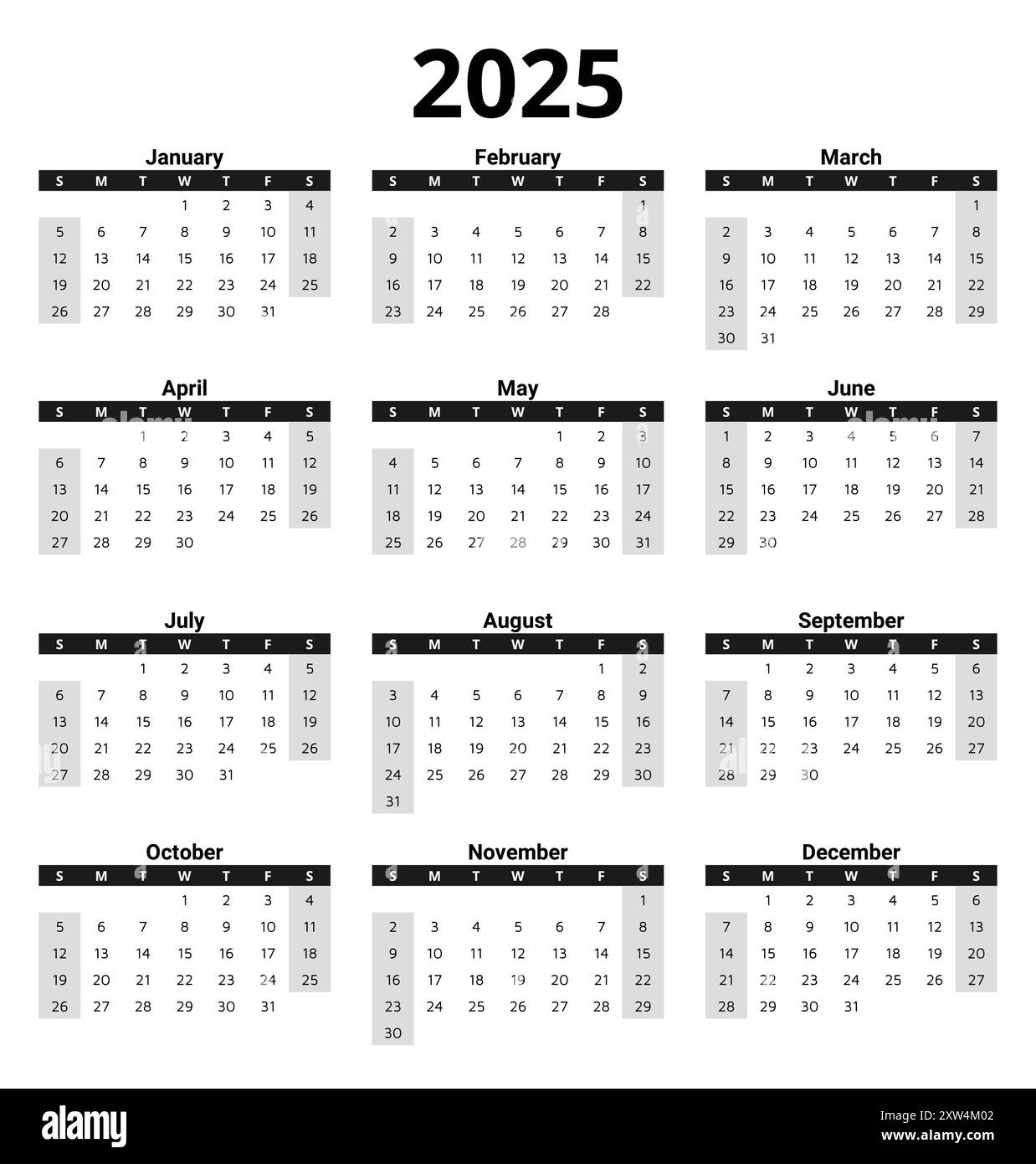 2025-english-vector-calendar-modern-clean-design-with-12-months-customizable-for-digital-or-print-use-stock-vector-image-art-alamy