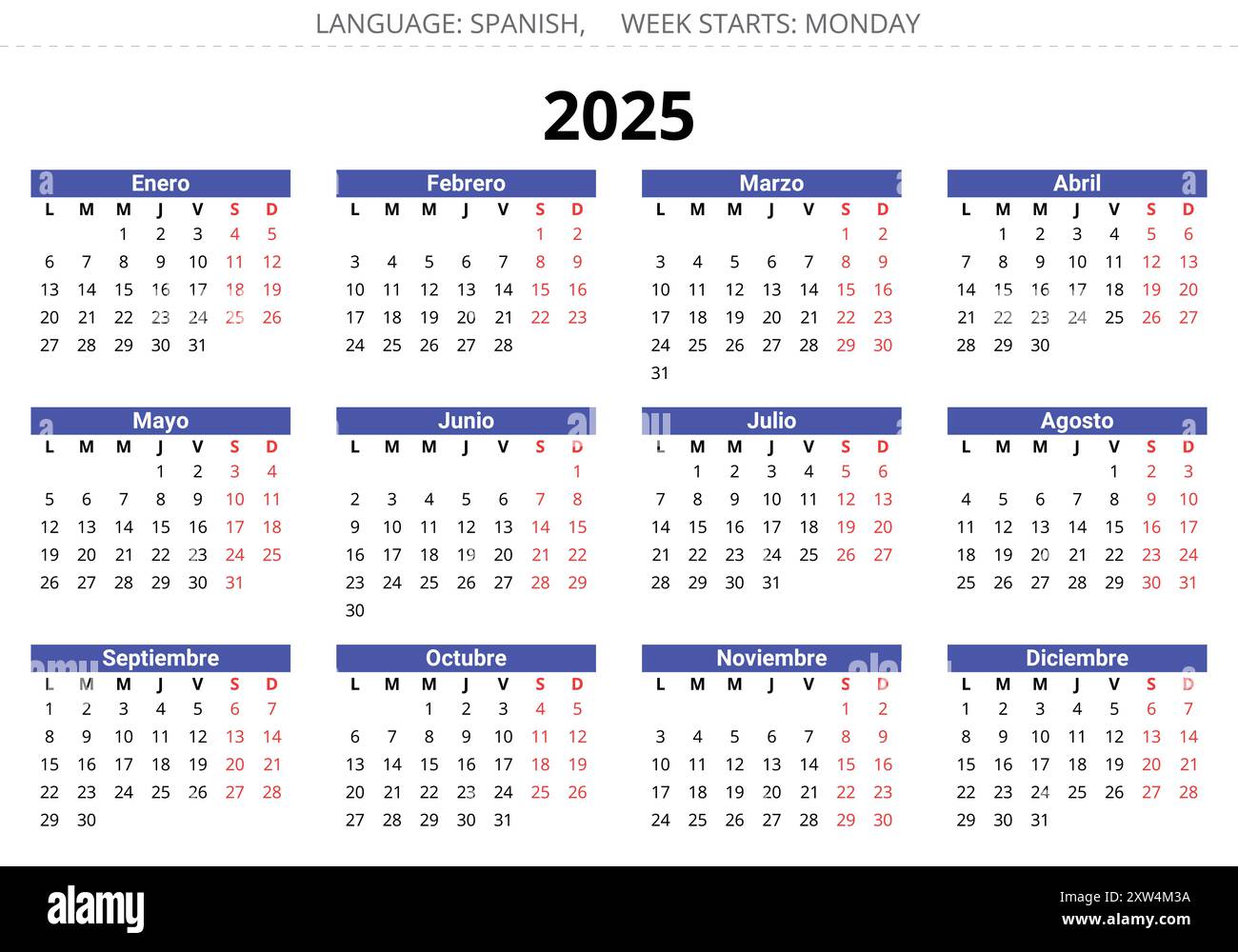 2025 horizontal spanish calendars. Printable vector illustration for