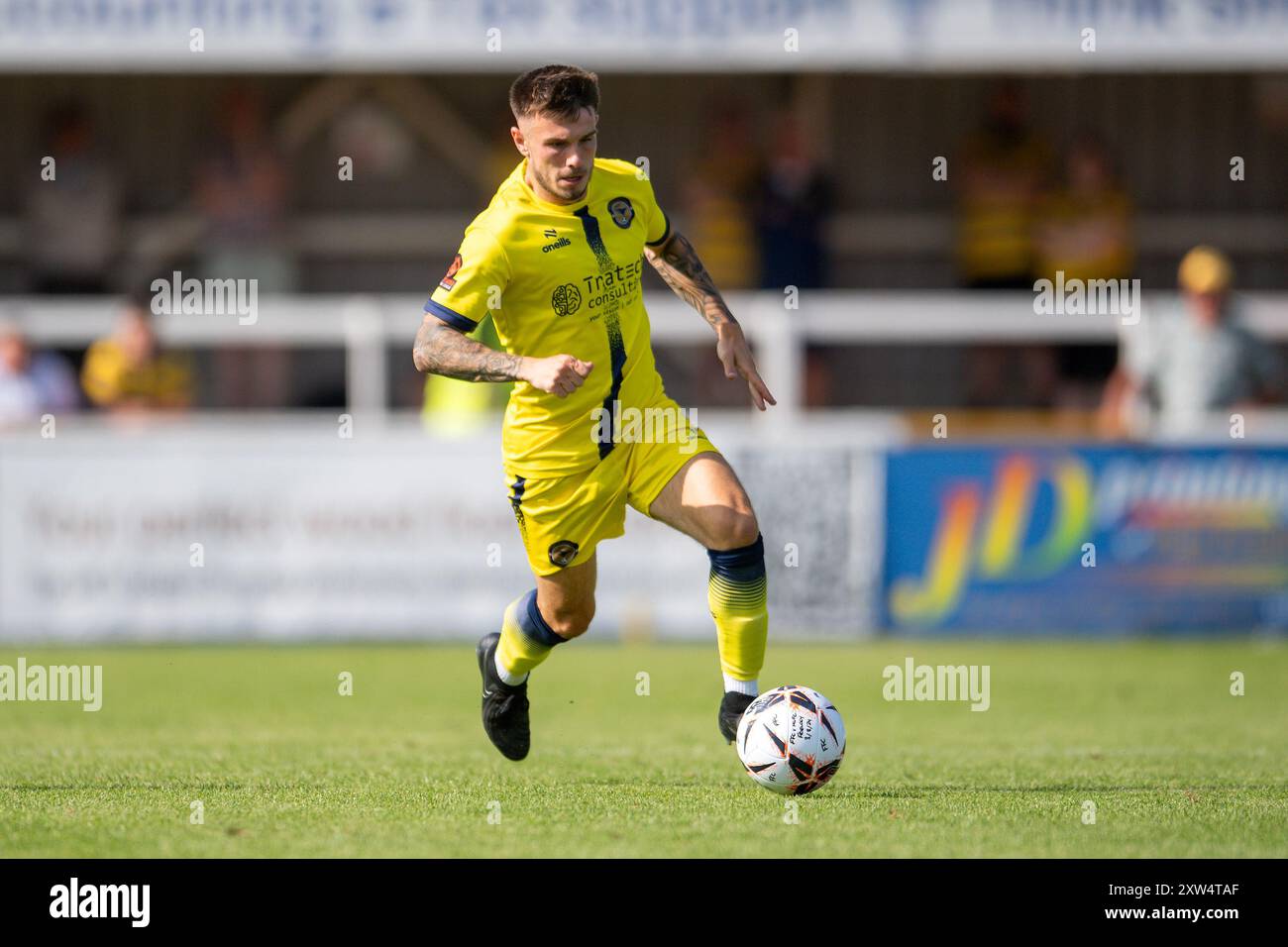 Farnborough, UK. 17 August 2024. Reggie Young of Farnborough FC during the Vanarama National League South match between Farnborough and Torquay United at The Saunders Transport Community Stadium. Credit: Dave Vokes/Alamy Live News Stock Photo