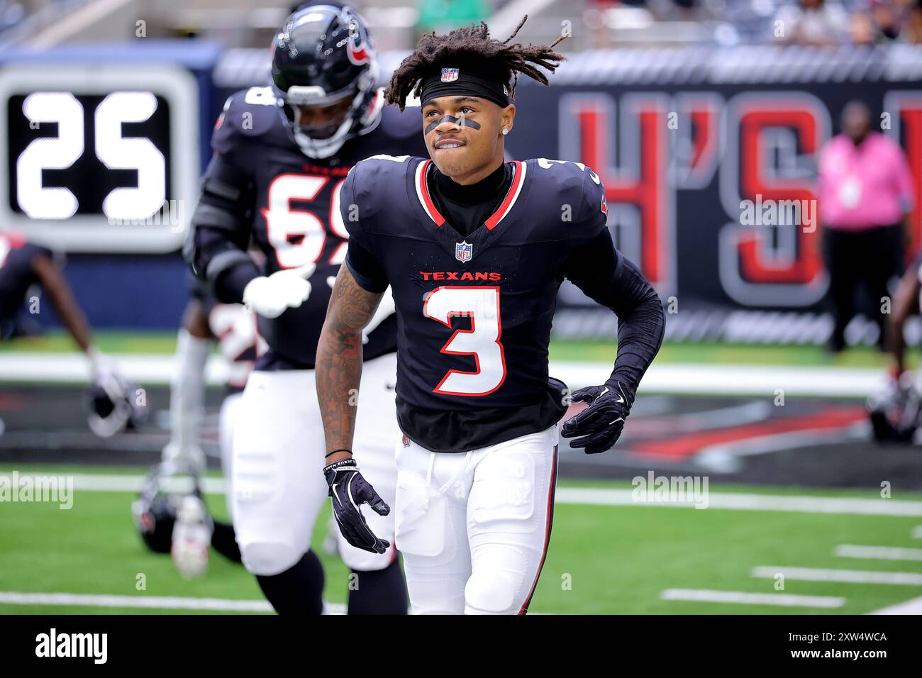 Houston, Texas, USA. 17th Aug, 2024. Houston Texans wide receiver Tank Dell (3) runs onto the field during pregame introductions prior to the game between the Houston Texans and the New York Giants at NRG Stadium in Houston, TX on August 17, 2024. (Credit Image: © Erik Williams/ZUMA Press Wire) EDITORIAL USAGE ONLY! Not for Commercial USAGE! Stock Photo