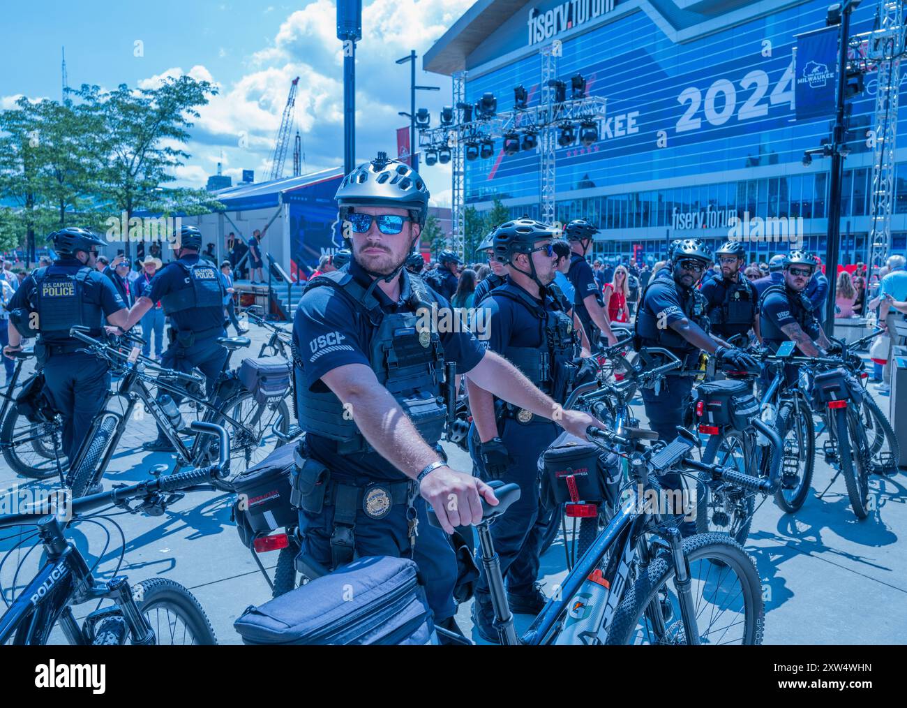MILWAUKEE, Wis. – July 18, 2024: United States Capitol Police gather outside Milwaukee’s Fiserv Forum during the 2024 Republican National Convention. Stock Photo