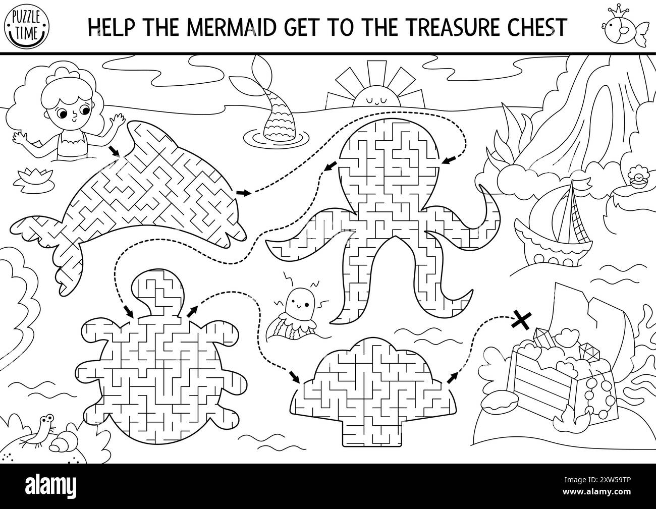 Mermaid black and white maze for kids with geometrical dolphin, octopus ...