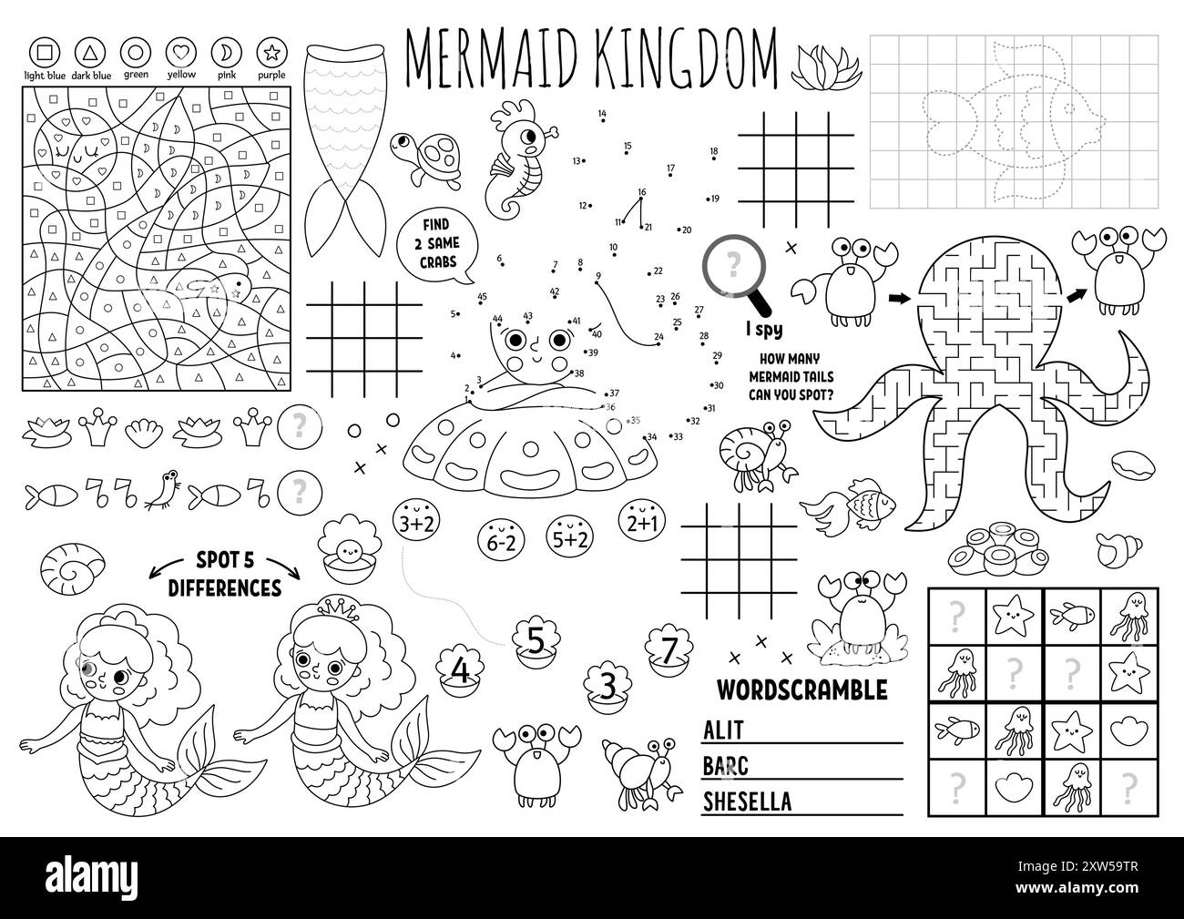 Vector mermaid placemat for kids. Ocean kingdom printable activity mat