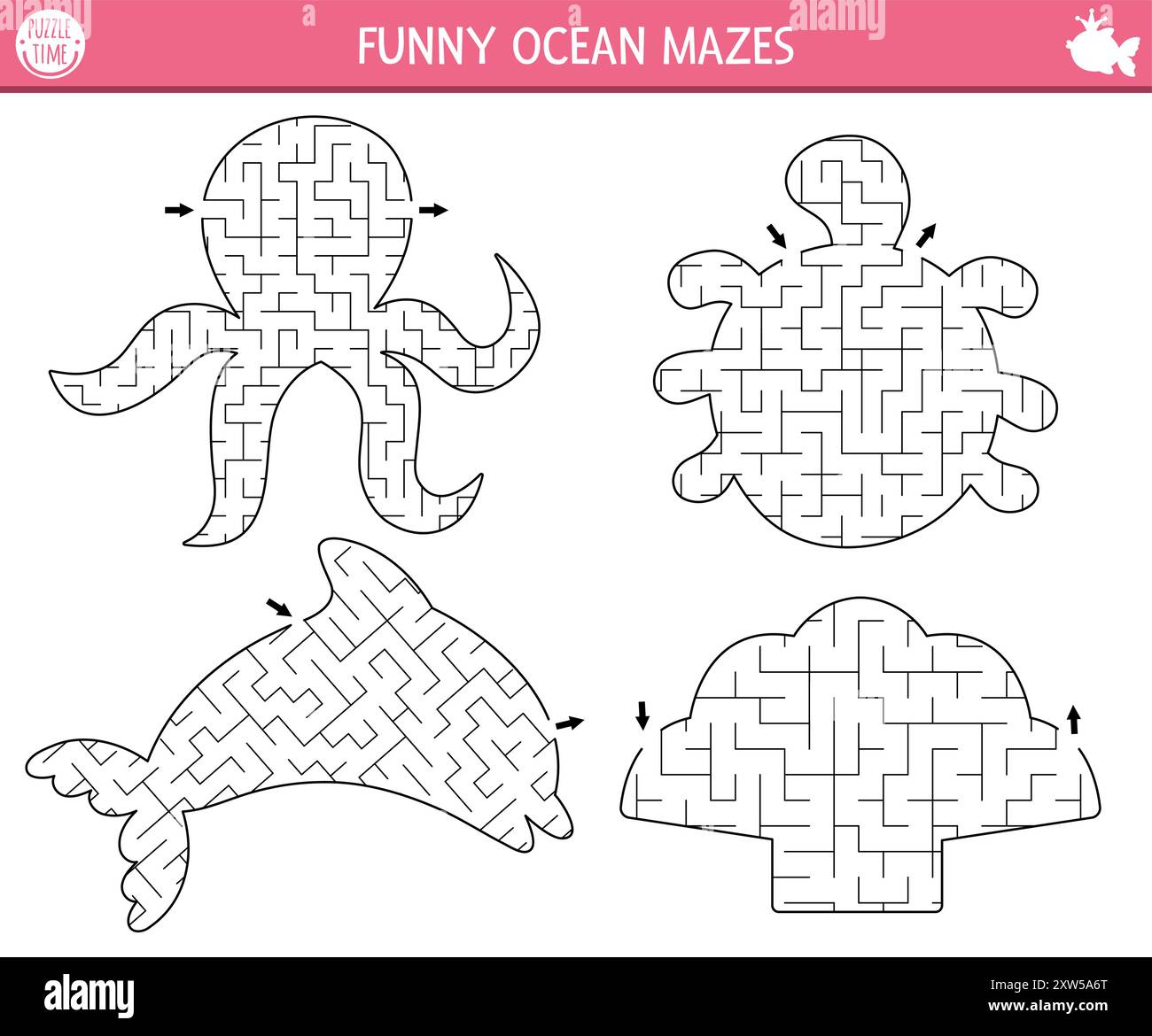 Under the sea, mermaid geometrical mazes collection for kids. Ocean printable activities set. Labyrinth games shaped as dolphin, octopus, turtle, seas Stock Vector