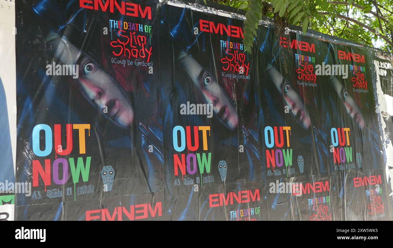 Los Angeles, California, USA 14th August 2024 Eminem The Death of Slim  Shady (Coup de Grace) Posters Billboard on Sunset Blvd on August 14, 2024  in Los Angeles, California, USA. Photo by, image size:1300x821