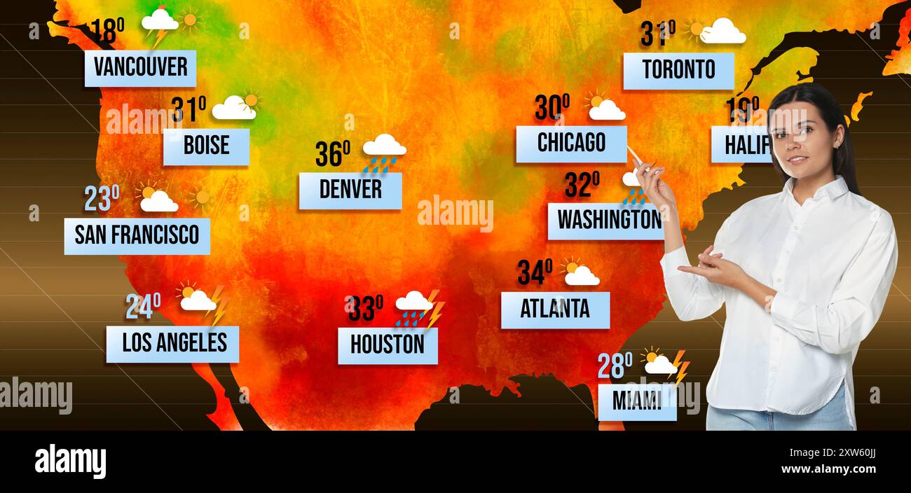 Weather broadcaster presenting forecast against map of USA Stock Photo