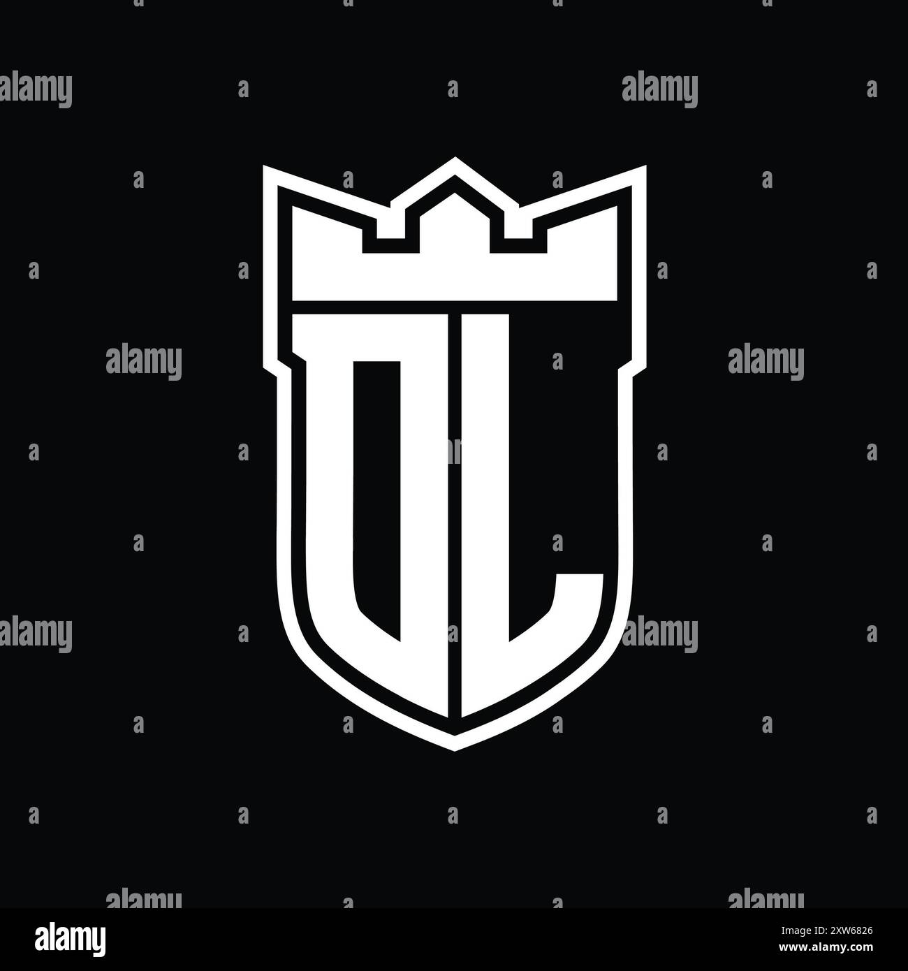 DL Letter logo with shield shape with geometric crown inside white ...