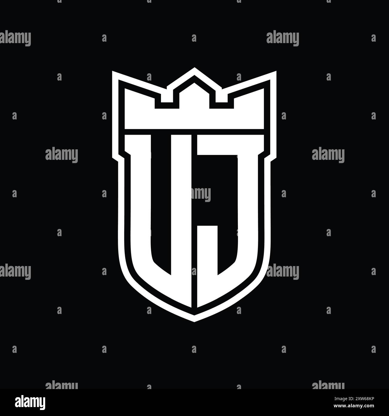 UJ Letter logo with shield shape with geometric crown inside white ...
