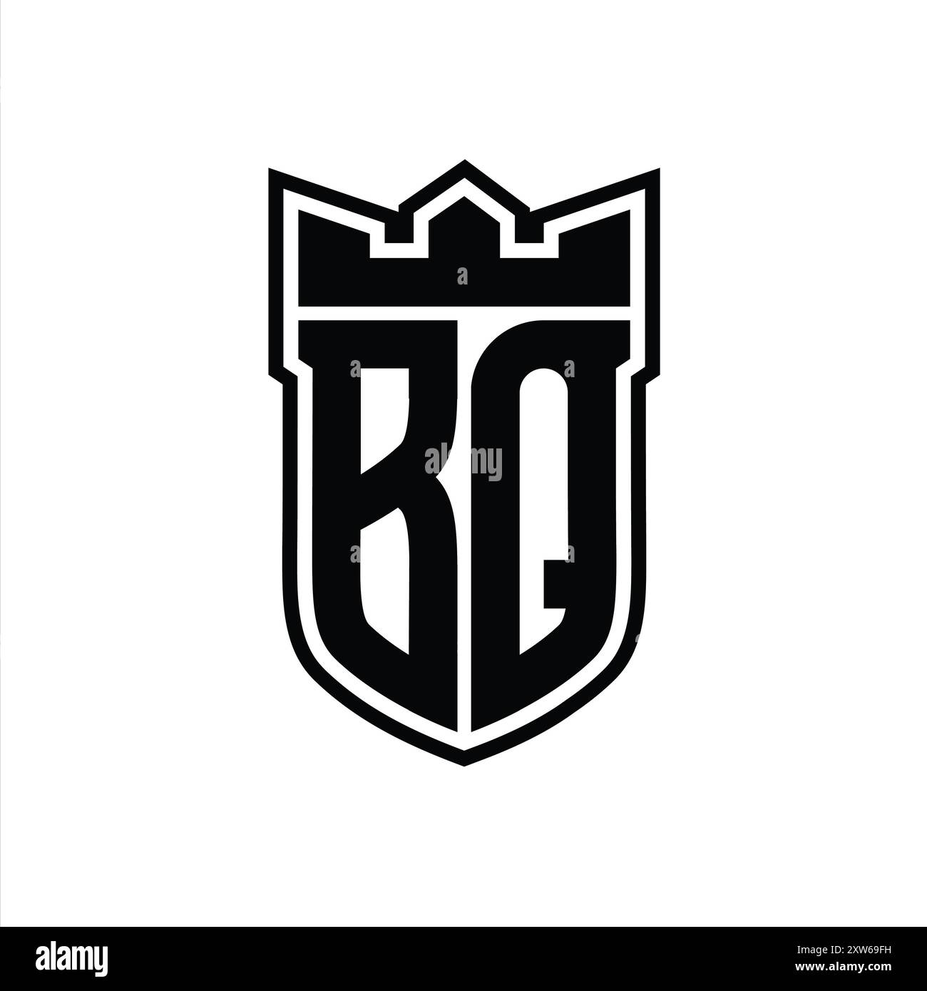 BQ Letter logo with shield shape with geometric crown inside black ...