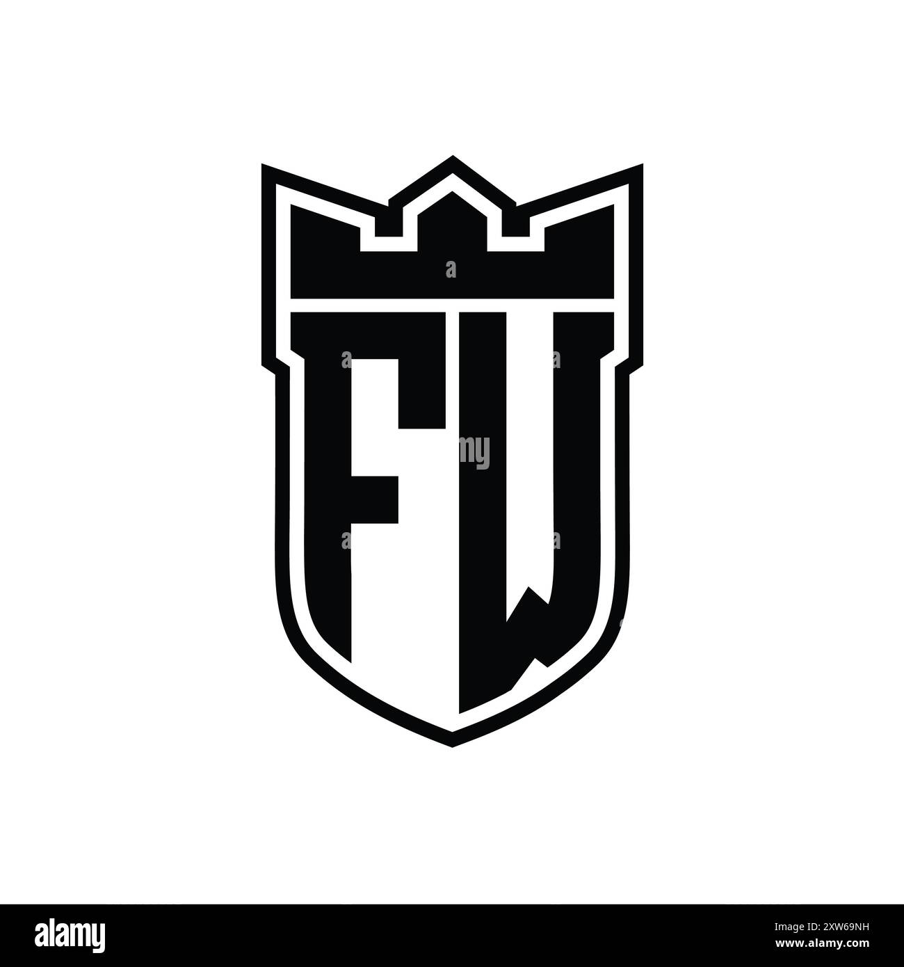 FW Letter logo with shield shape with geometric crown inside black ...