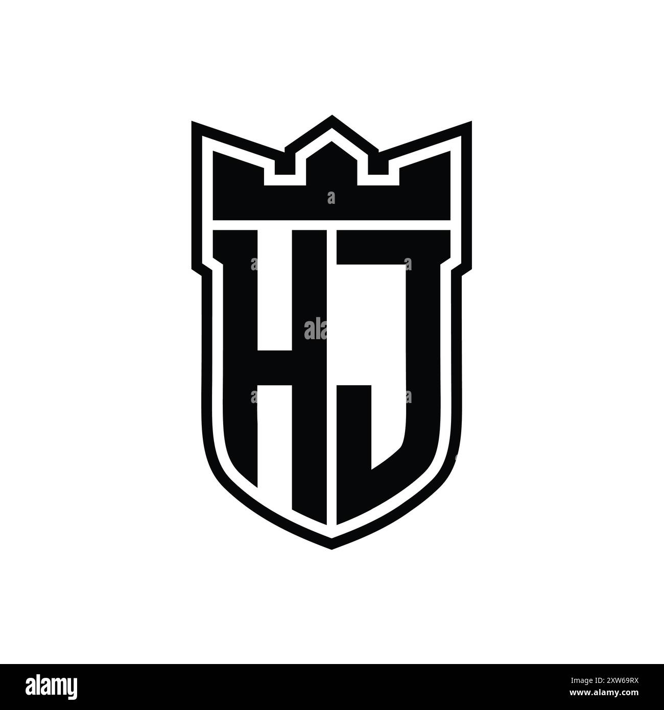 HJ Letter logo with shield shape with geometric crown inside black ...