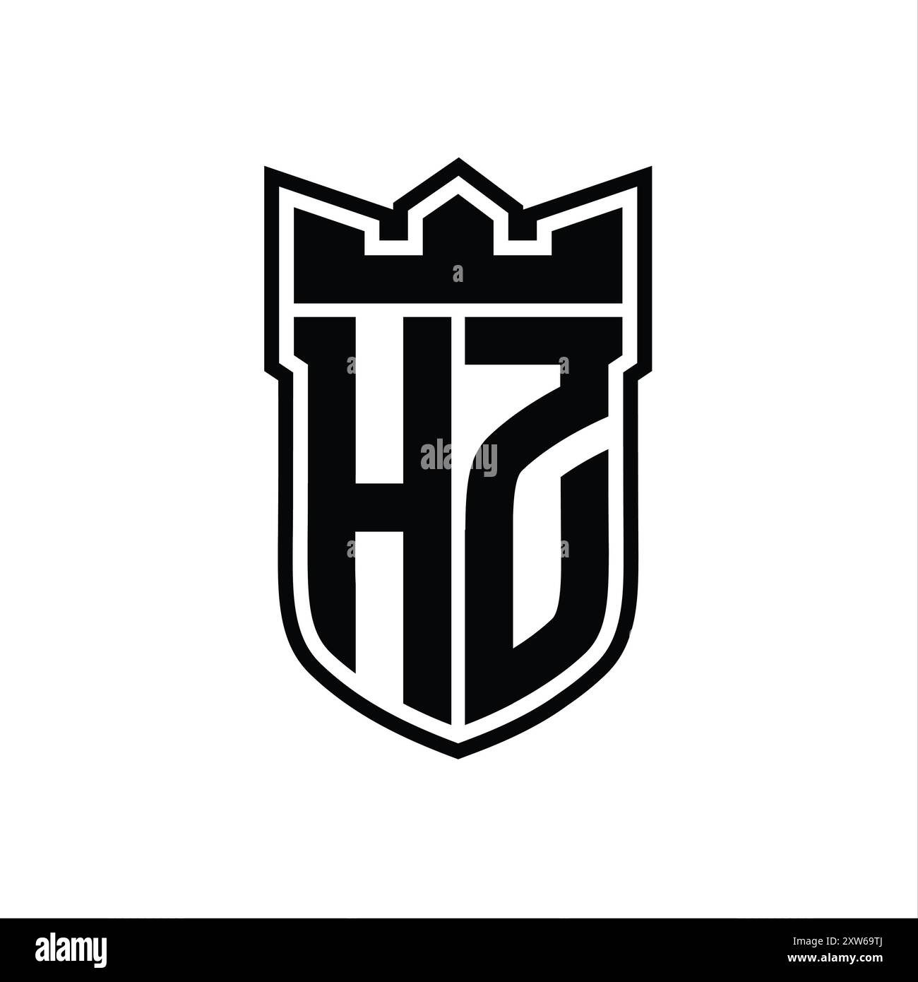 HZ Letter logo with shield shape with geometric crown inside black ...