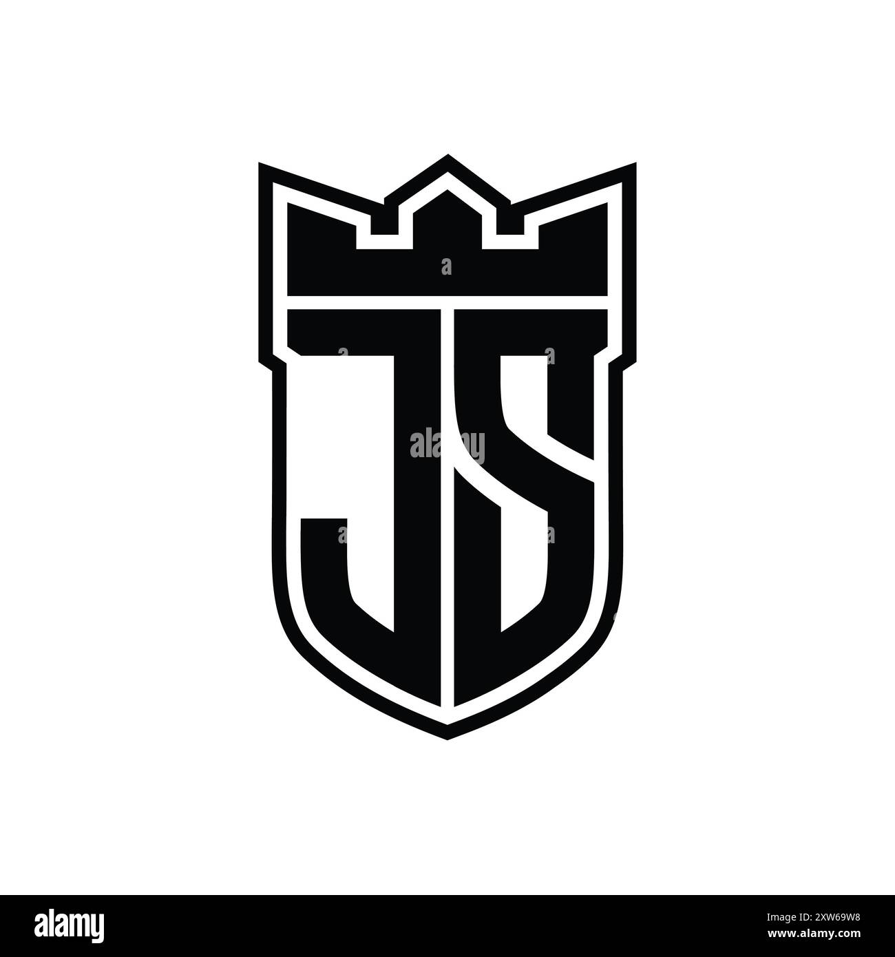 JS Letter logo with shield shape with geometric crown inside black ...