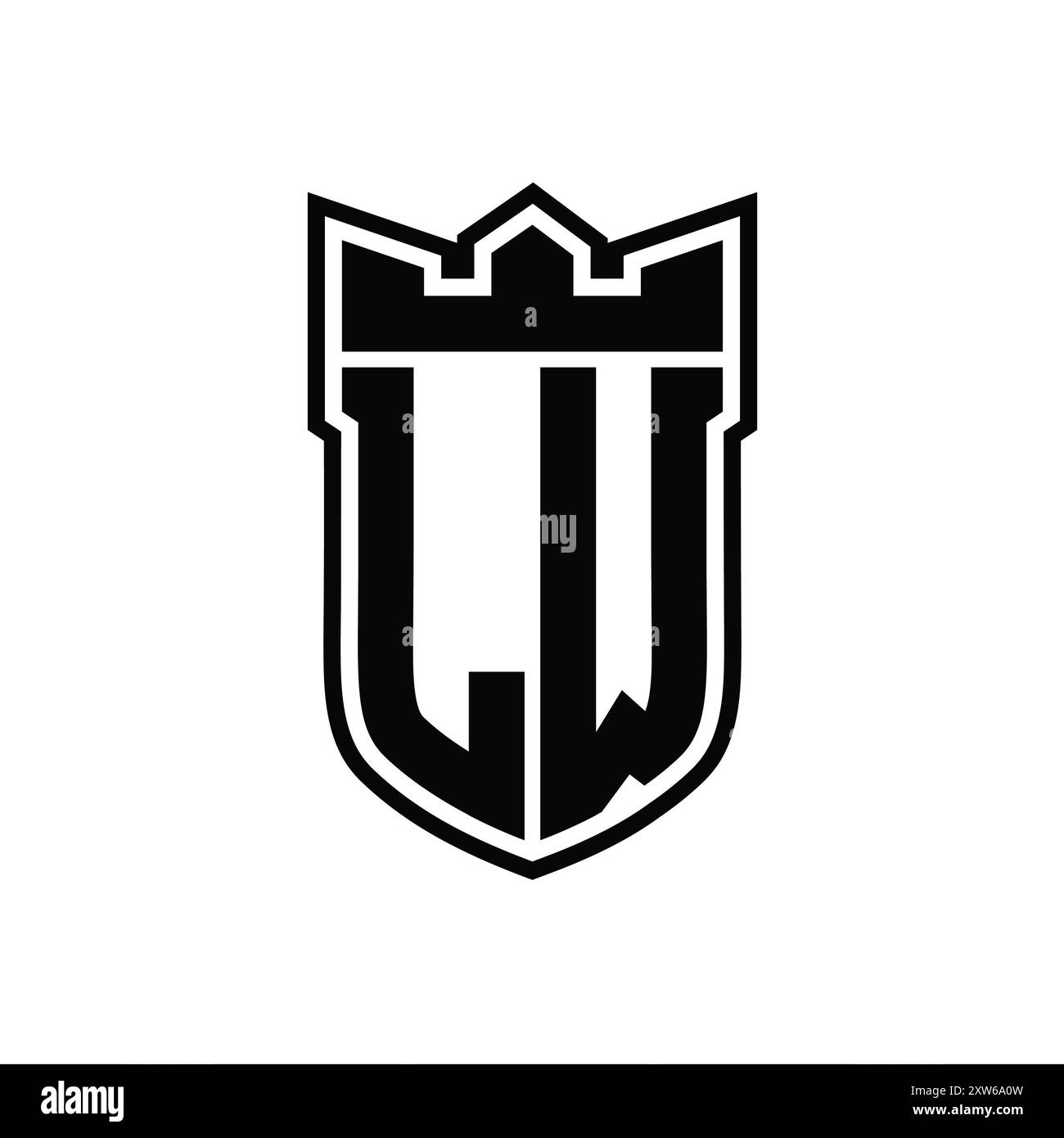 LW Letter logo with shield shape with geometric crown inside black outline on white background template design Stock Photo