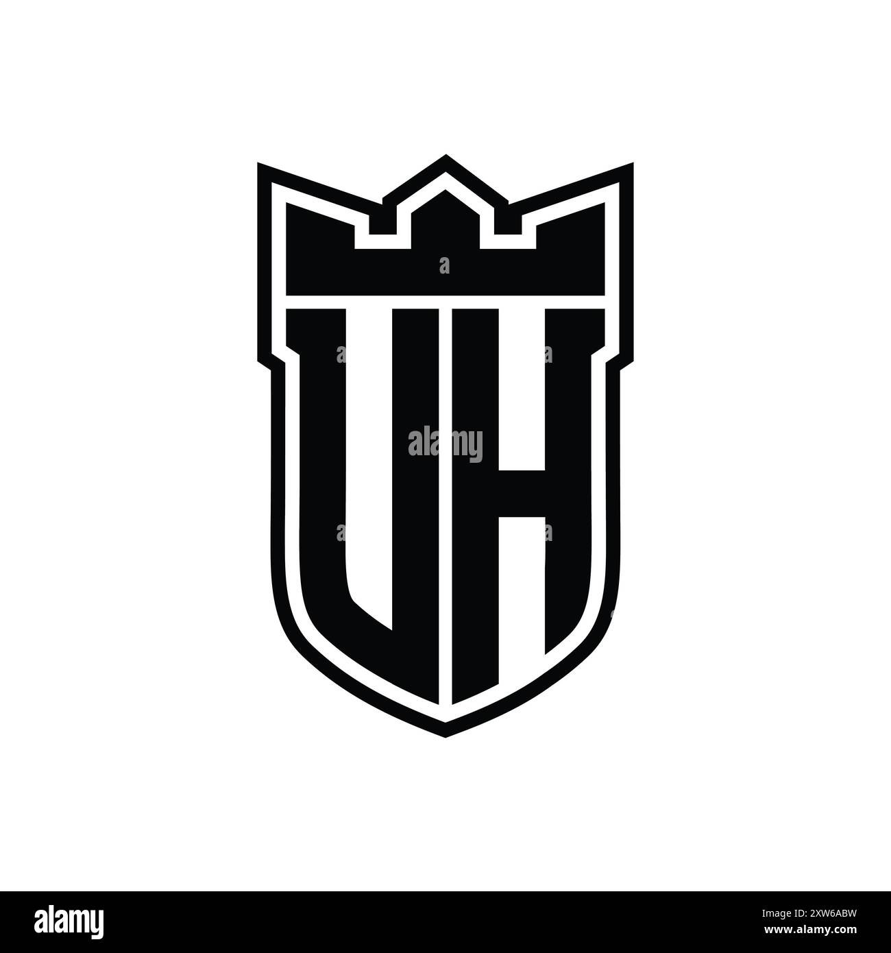 UH Letter logo with shield shape with geometric crown inside black outline on white background template design Stock Photo