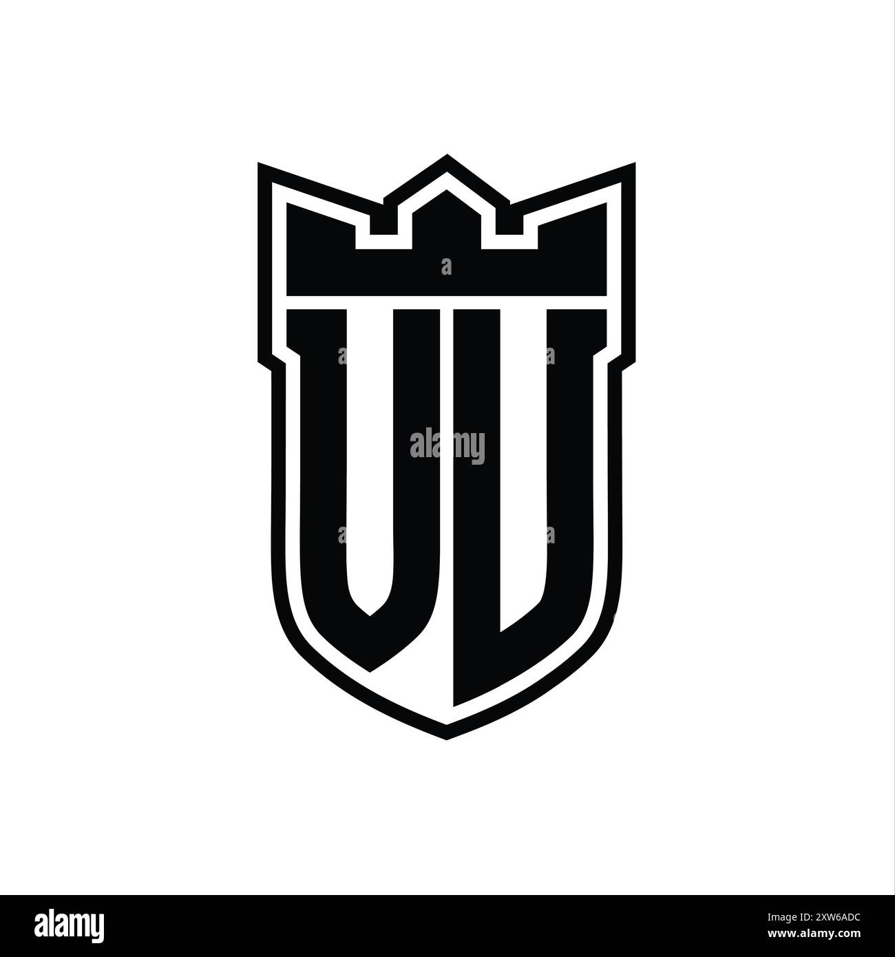 VU Letter logo with shield shape with geometric crown inside black outline on white background template design Stock Photo