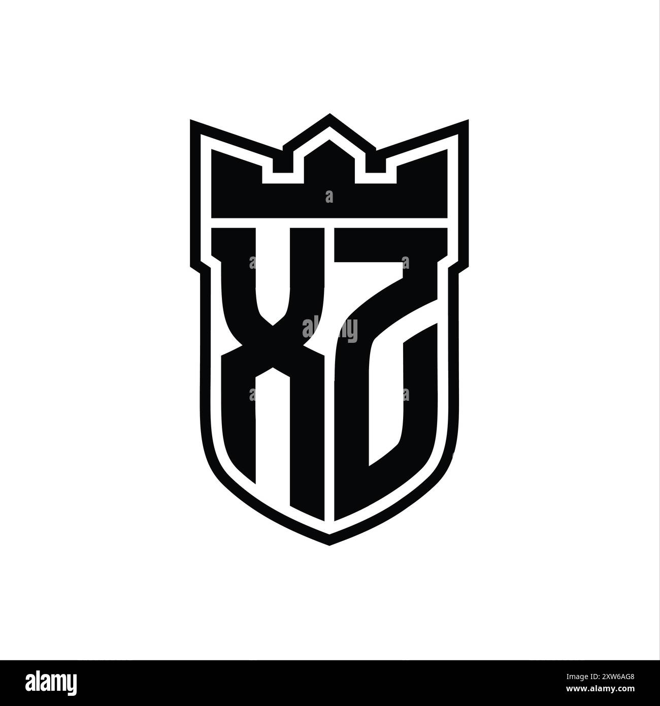 XZ Letter logo with shield shape with geometric crown inside black ...