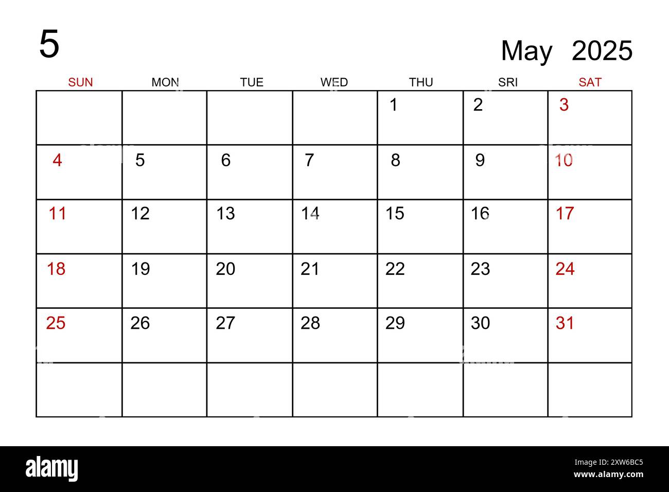 May 2025 calendar template on white paper background Stock Photo - Alamy