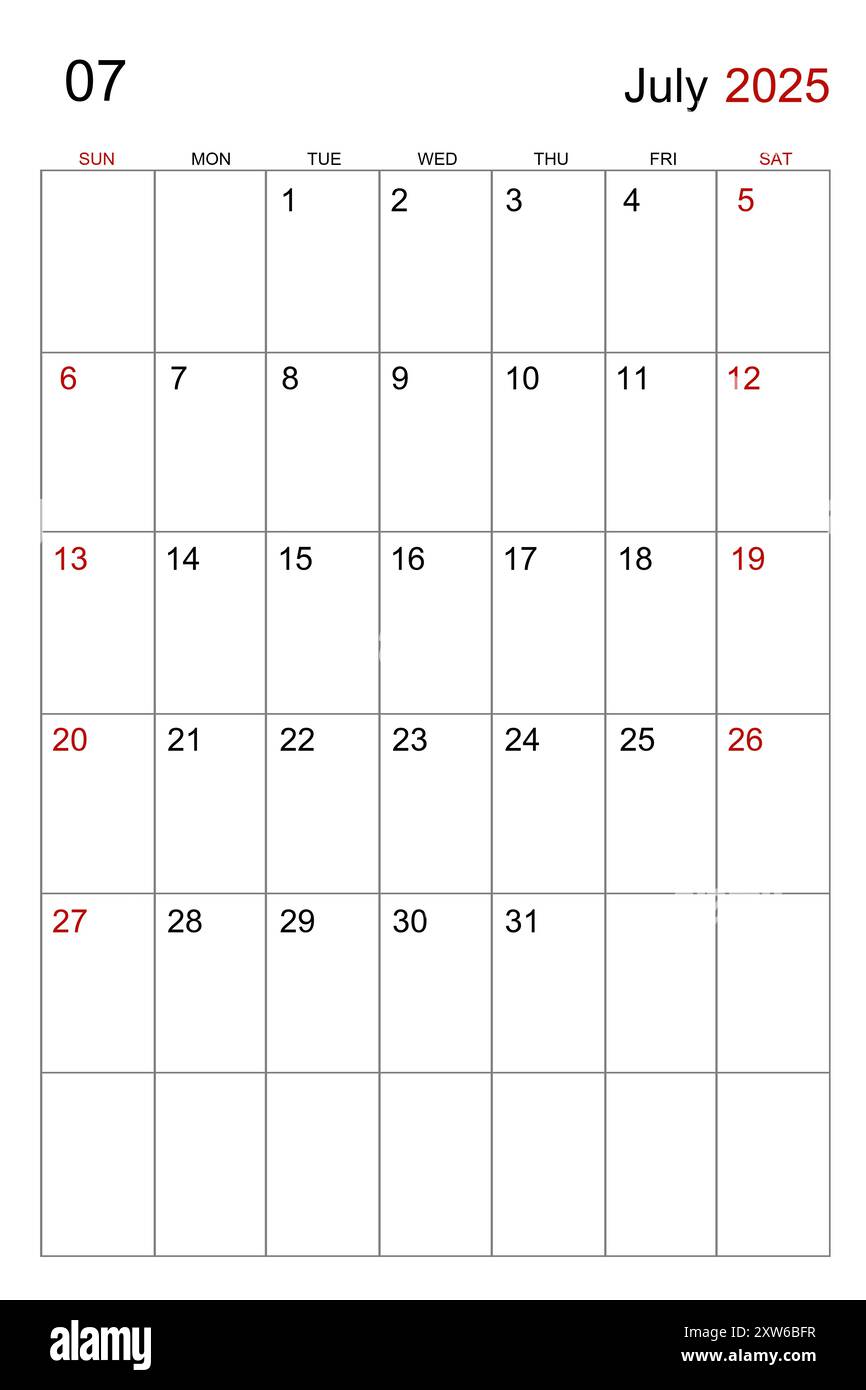 July 2025 calendar vertical template on white background Stock Photo ...