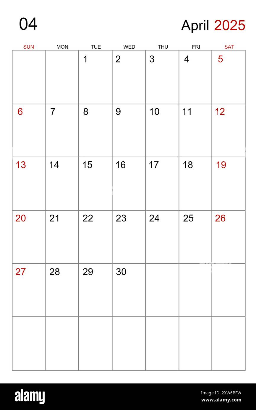 April 2025 calendar vertical template on white background Stock Photo