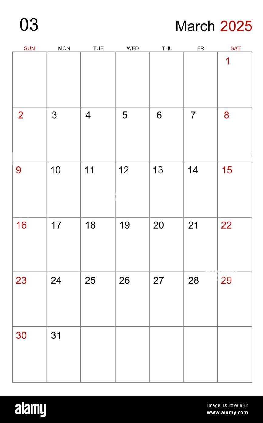 March 2025 calendar vertical template on white background stock photo -  alamy
