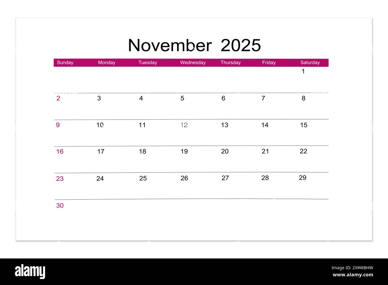 November 2025 Calendar page for 2025 year isolated on white background