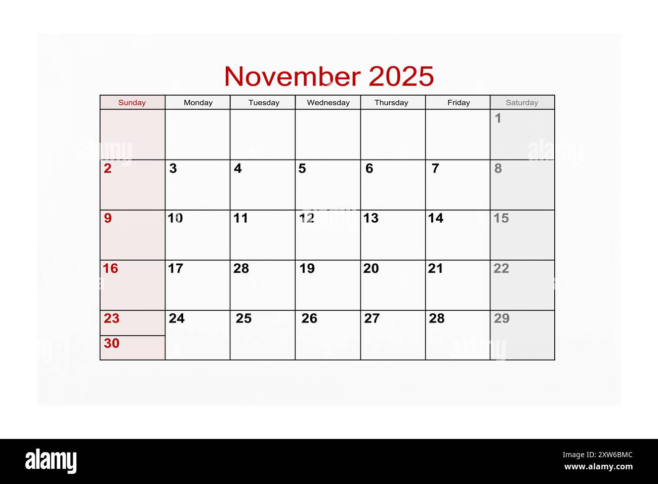 November 2025 Calendar page for 2025 year isolated on white background