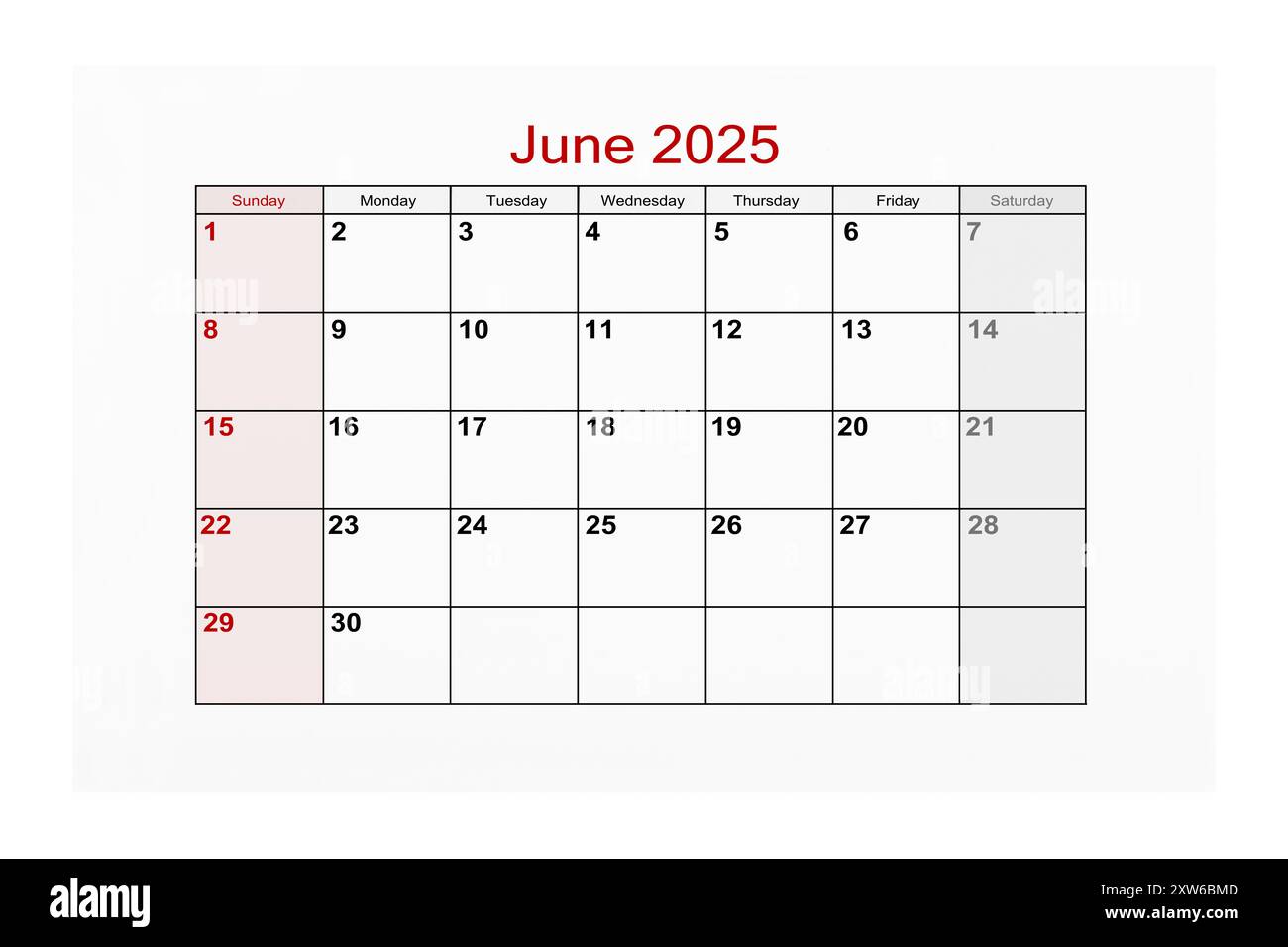 June 2025 Calendar page for 2025 year isolated on white background