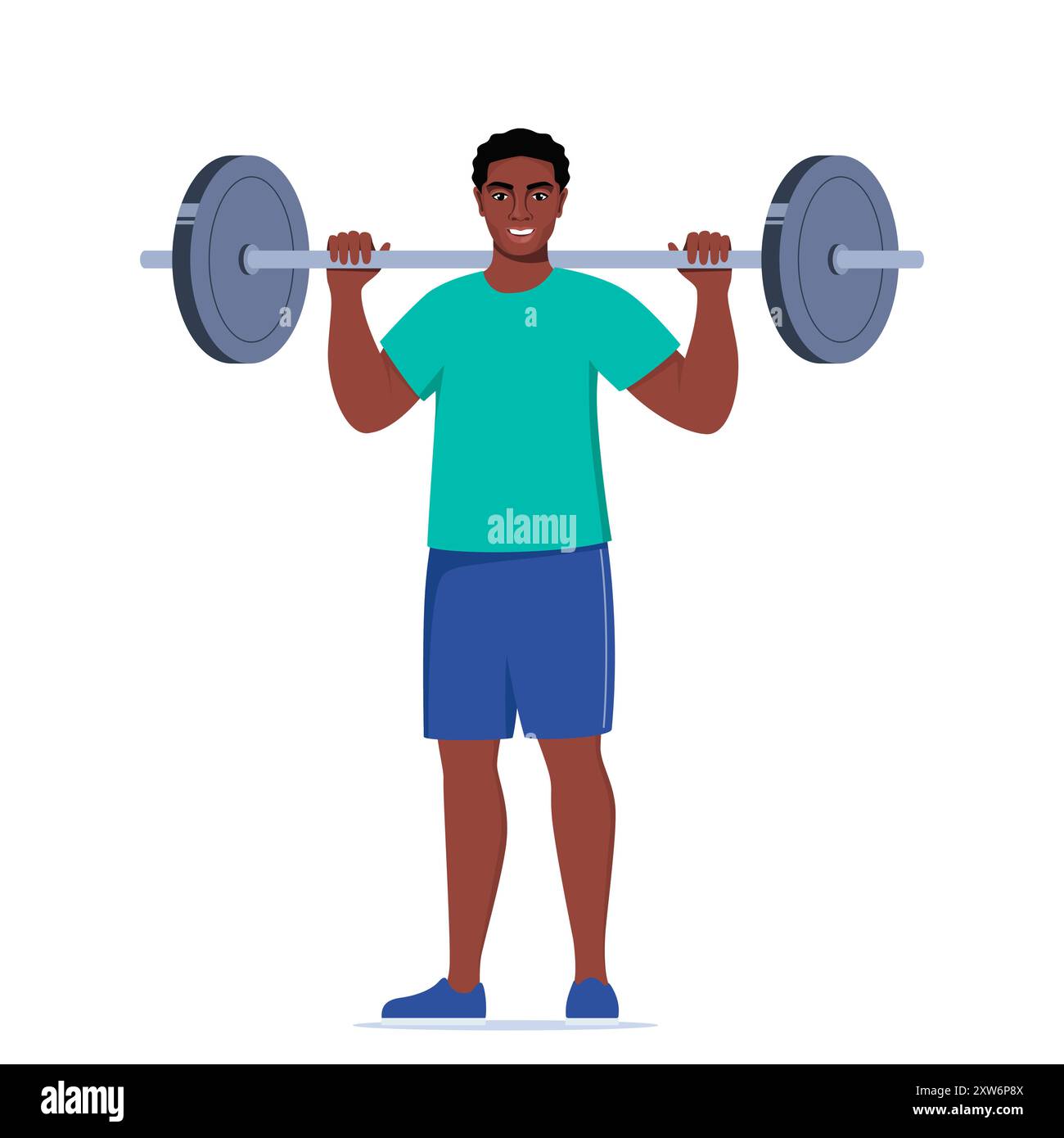 Black man doing Standing barbell shoulder press exercise. Flat vector ...