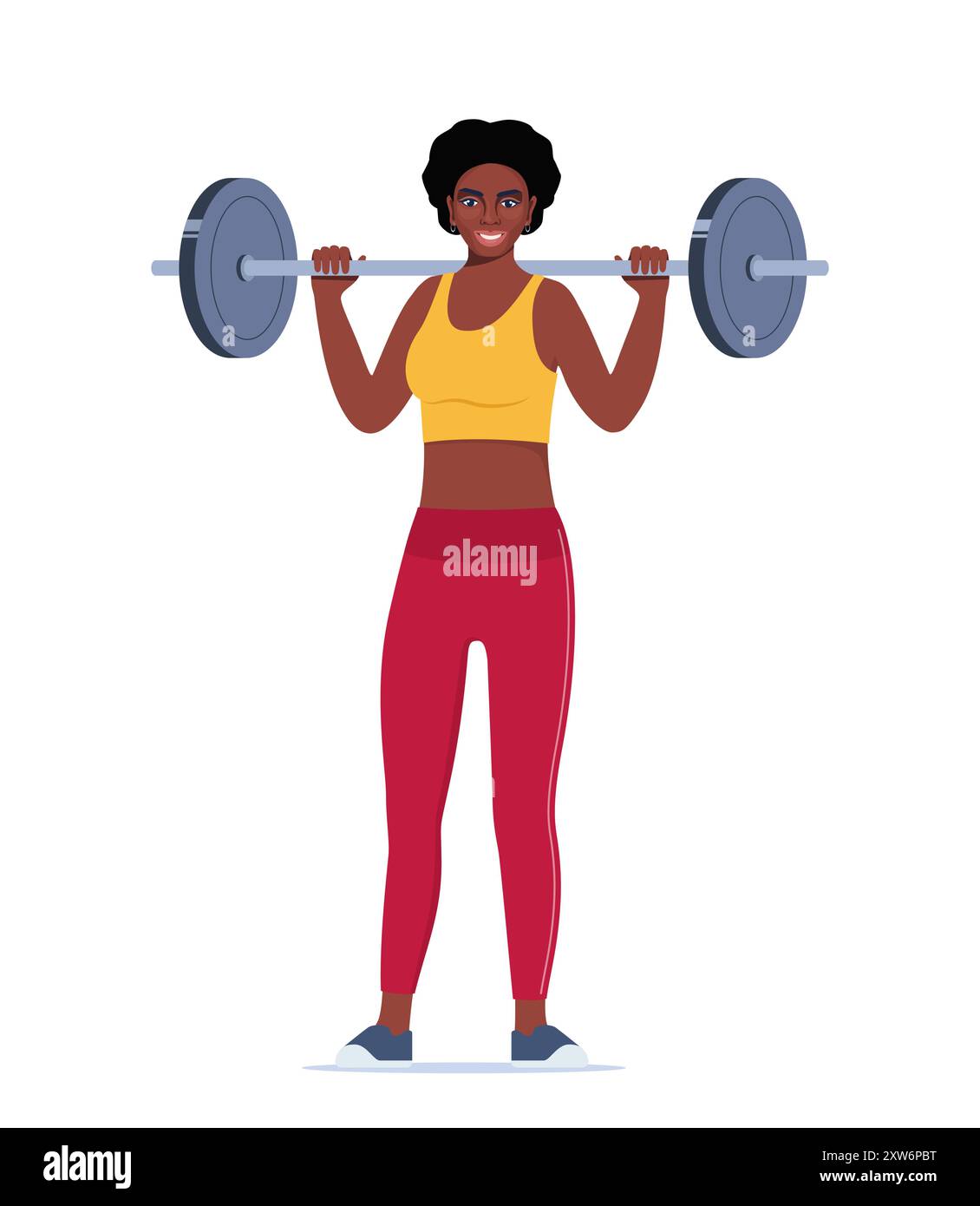 Black woman woman doing Overhead barbell shoulder press exercise. Flat ...