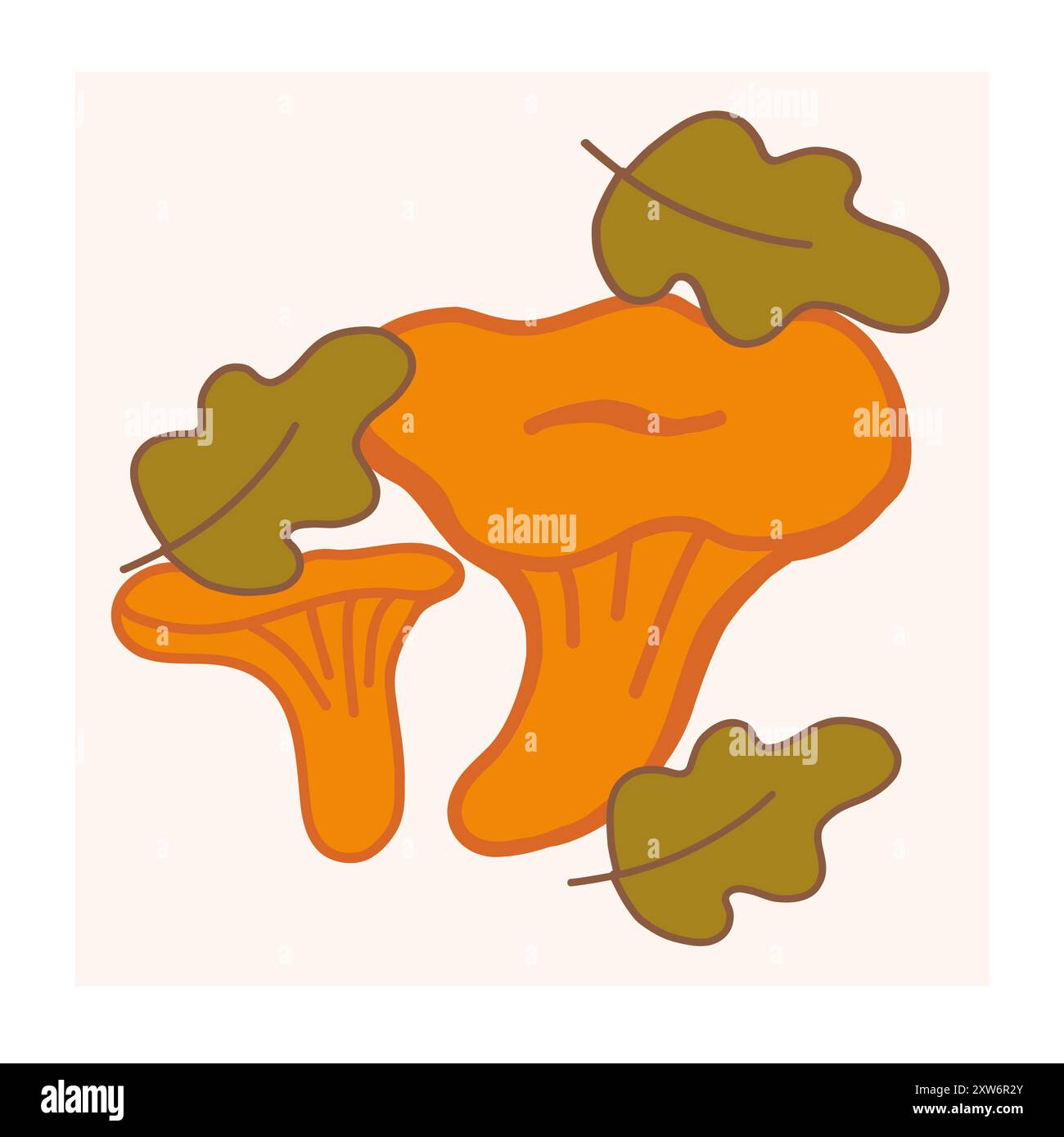 Chanterelle mushrooms surrounded by autumn leaves on a light background in a still life arrangement Stock Vector