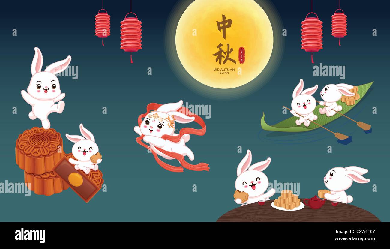 Vintage Mid Autumn Festival poster design with rabbit moon cake lantern ...