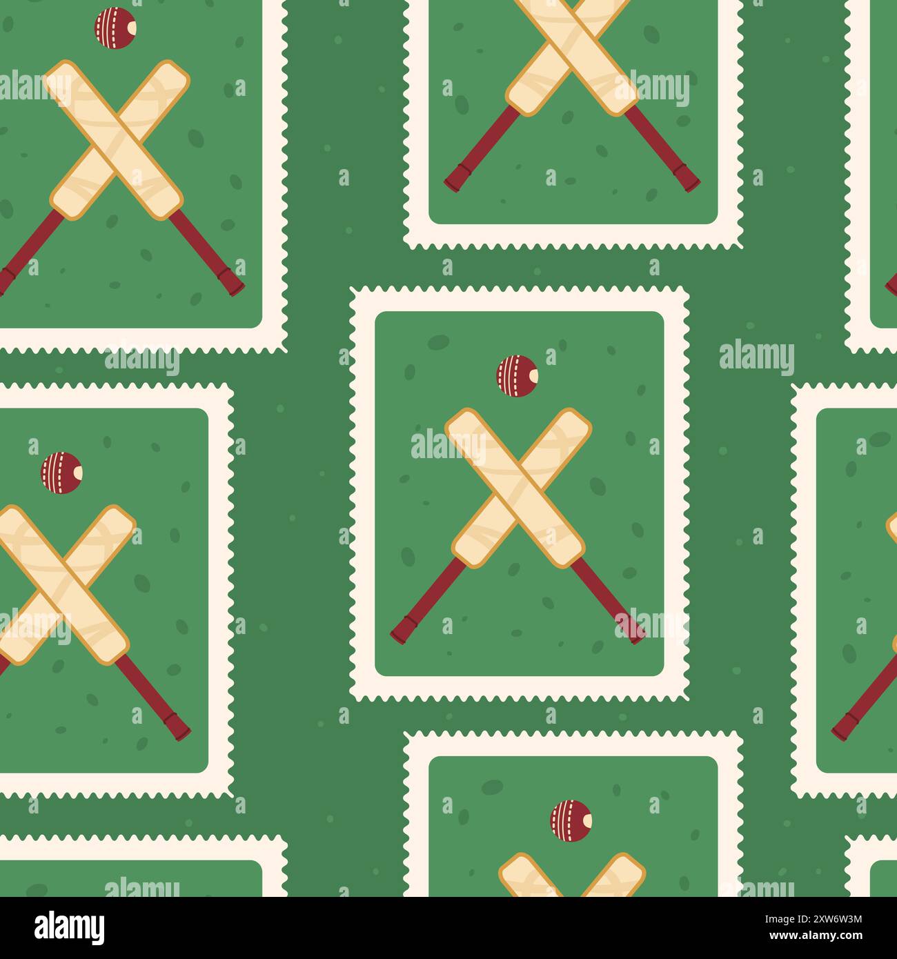 Cricket patchwork seamless pattern. Bento box repeat background. Cricket bats and ball retro post stamps endless design. Vector hand drawn flat illust Stock Vector