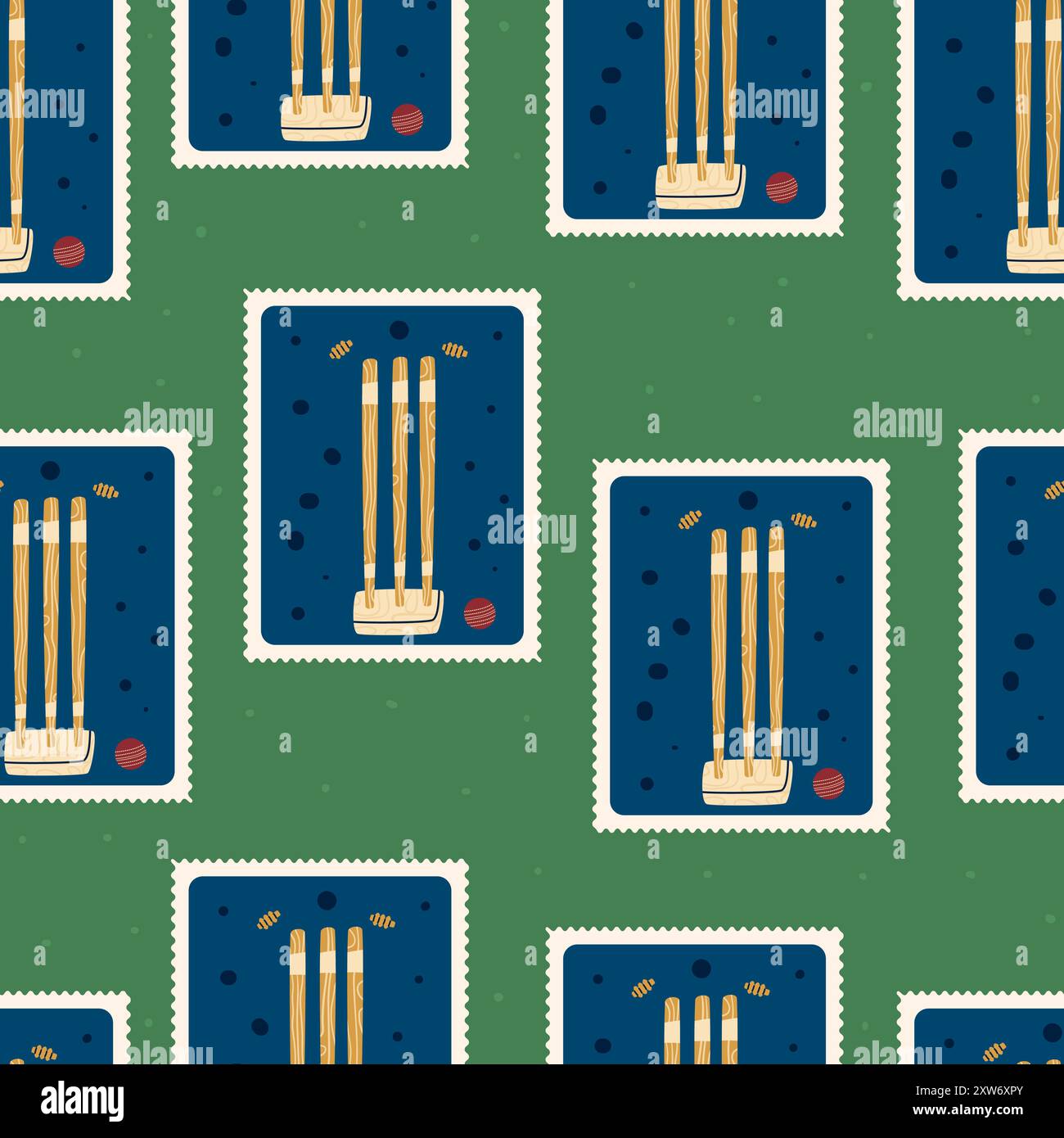 Cricket patchwork seamless pattern. Bento box wicket bails repeat background. Sport retro post stamps endless surface design. Vector hand drawn flat i Stock Vector