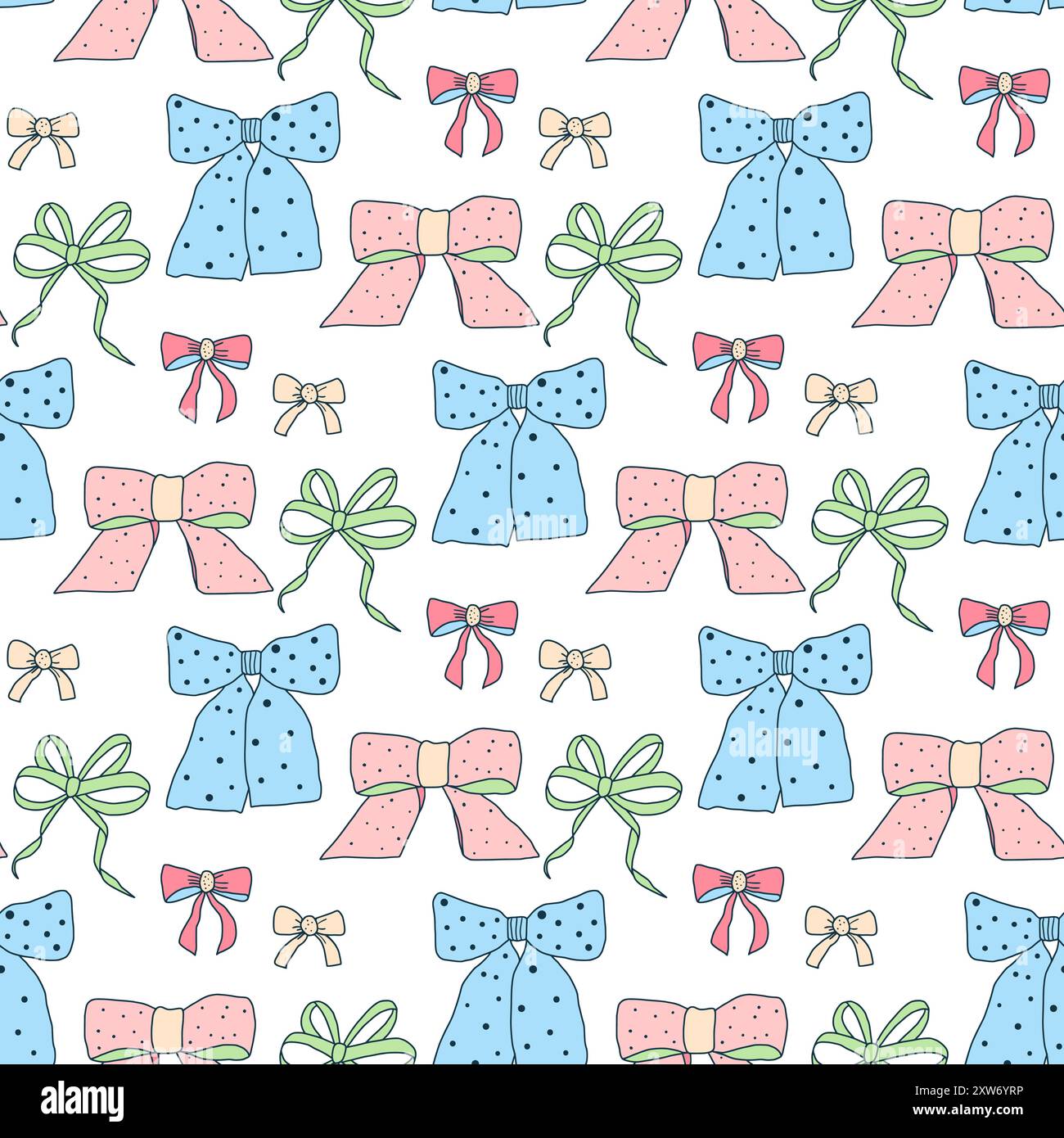 Bow seamless pattern. Silk band endless background. Bowknot continuous ornament. Vector hand drawn scribble illustration. Stock Vector
