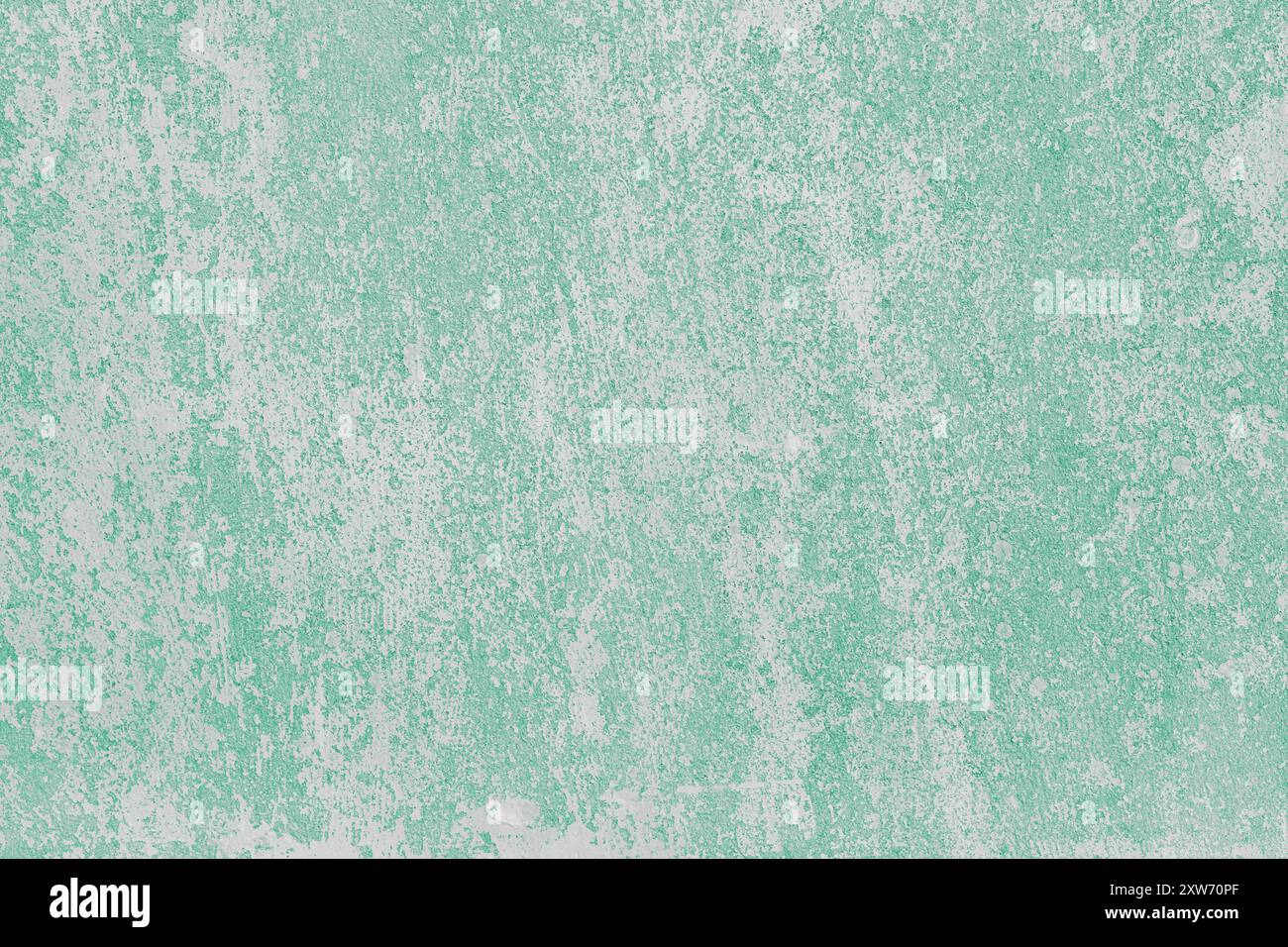 White and turquoise colored messy stucco, plaster texture background close up. Decorative weathered painted wall, aged  stained concrete surface. Wall Stock Photo