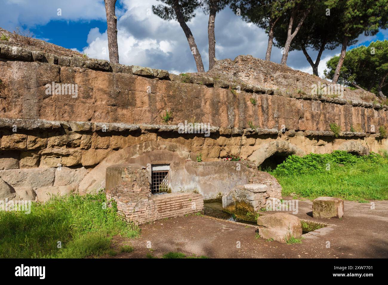 Ancient roman aqueduct ruins in Rome public park Stock Photo