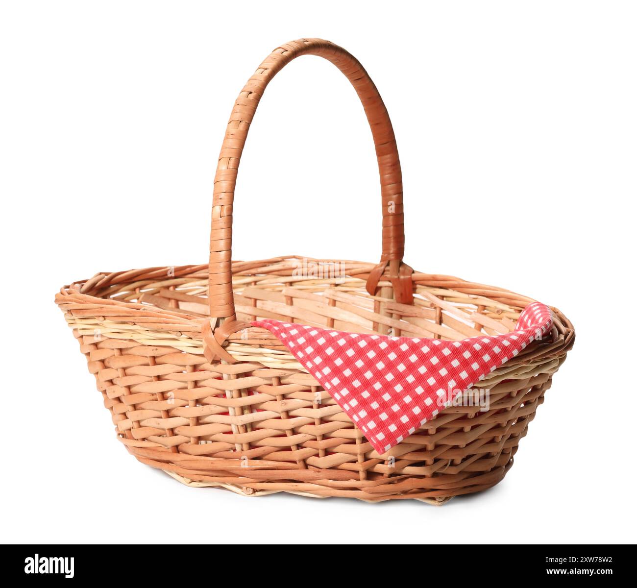 One picnic wicker basket with checkered napkin isolated on white Stock ...