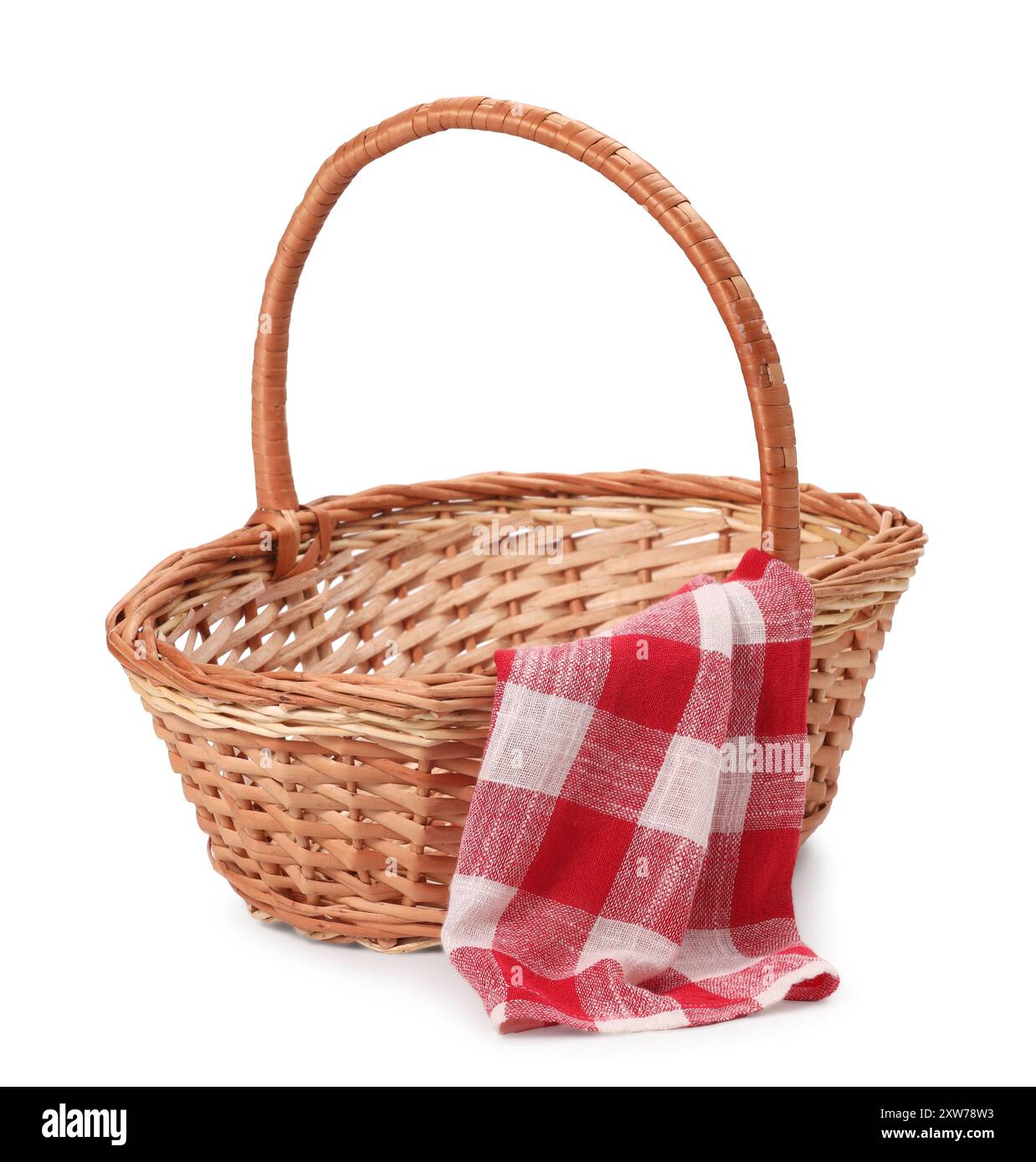 One picnic wicker basket with checkered napkin isolated on white Stock ...