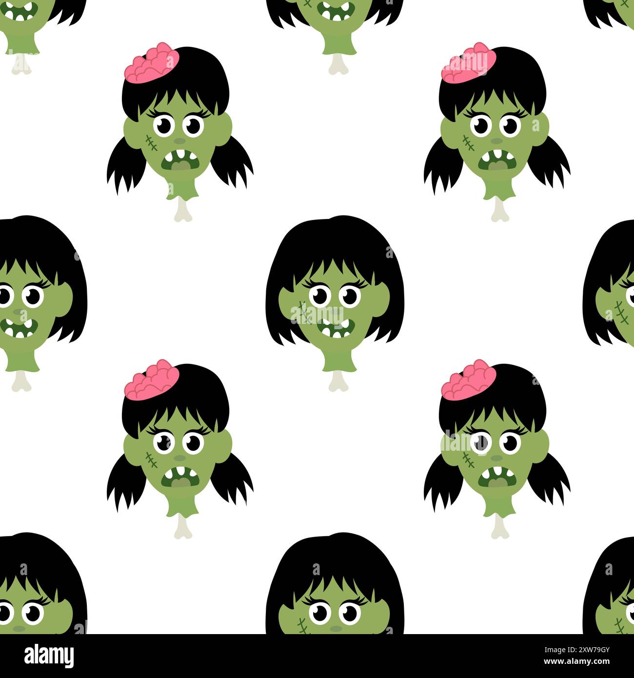 Seamless pattern with Zombie girls head on bone. Halloween Cartoon Flat ...