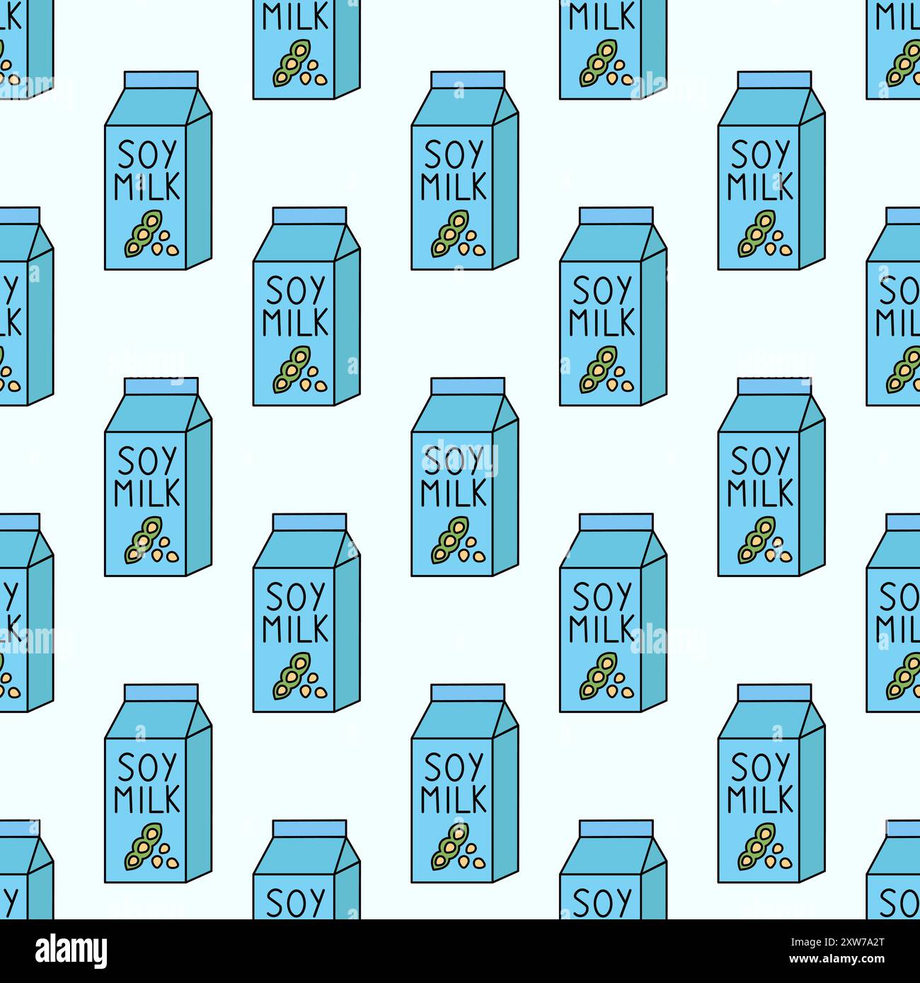 Seamless Pattern with Soy Vegan milk. Box Carton packaging. Vector flat illustration. Stock Vector