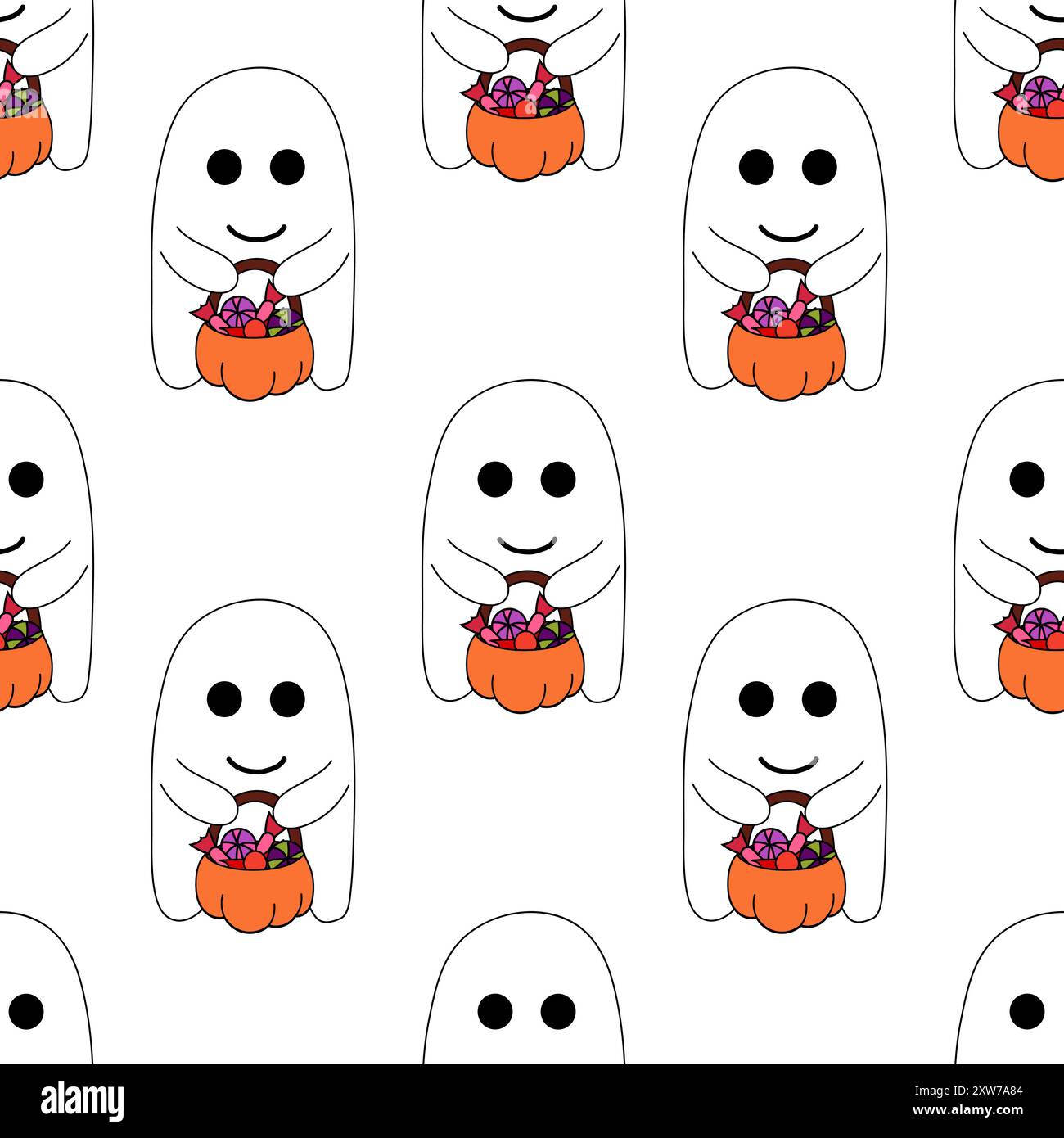 Seamless Pattern with Cute Halloween ghost holding pumpkin with candies ...