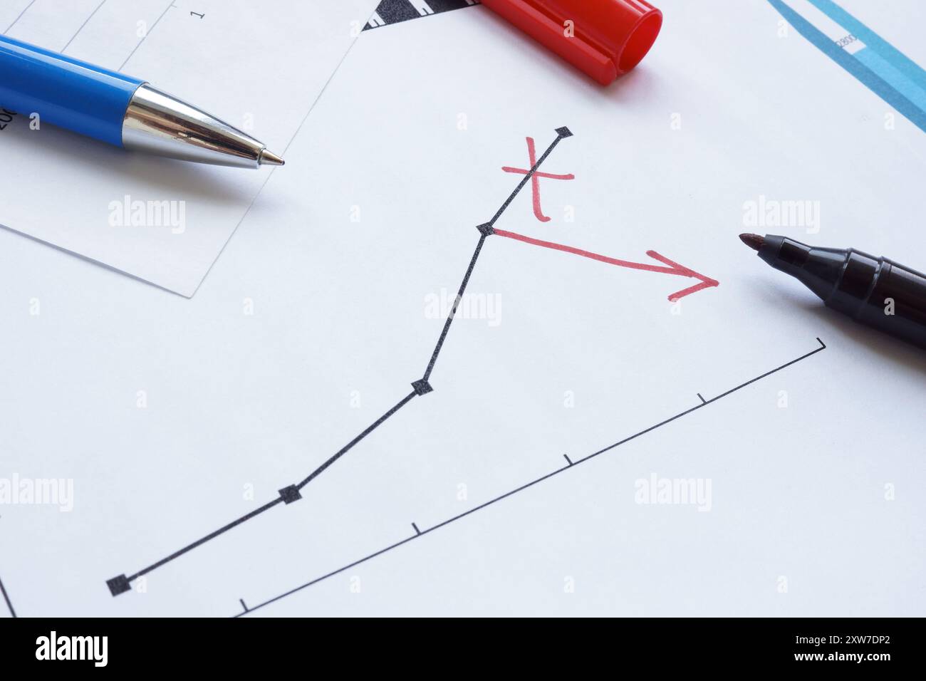 Corrected downward trend in a financial chart. Crisis and economic downturn concept. Stock Photo