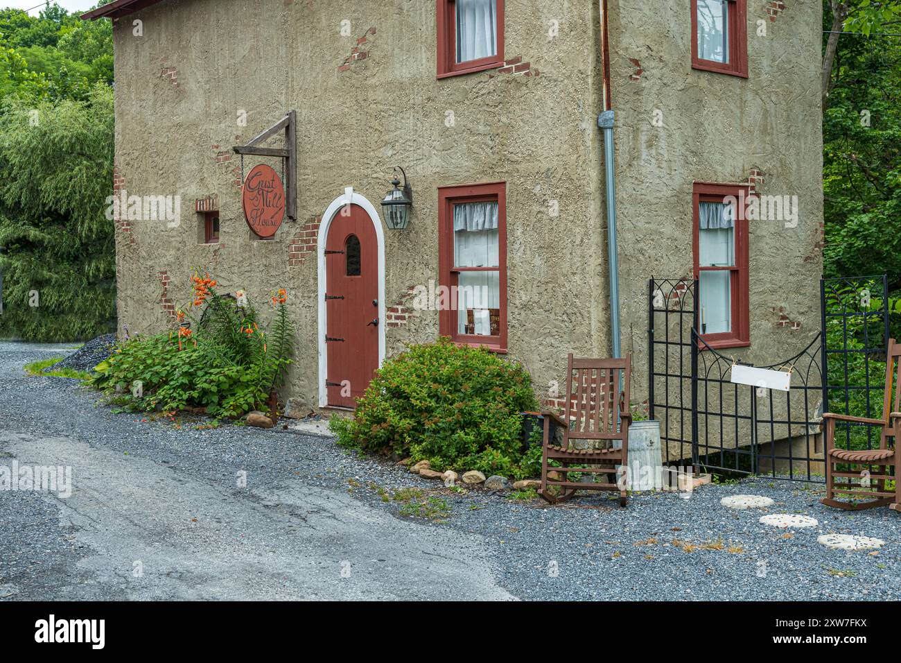 Small rural house with rocking chair exterior, Pennsylvania USA Stock ...