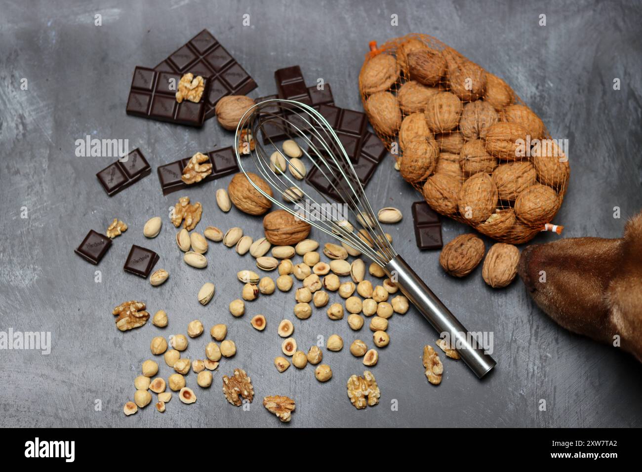 Chocolate bars, walnuts and hazelnuts on a gray background. Stock Photo