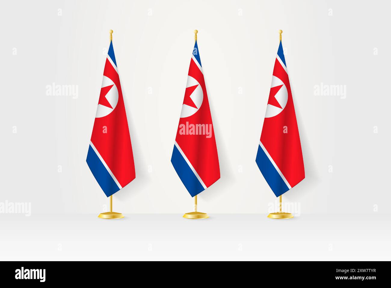 Three North Korea flags in a row on a golden stand, illustration of press conference and other ...